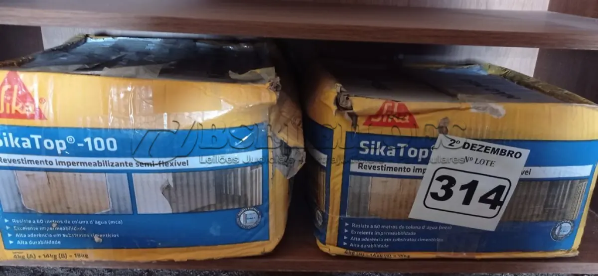 LOTE 314 - 02 CAIXAS DE SIKA TOP-100, REVESTIMENTO IMPERMEABILIZANTE SEMI-FLEXIVEL 18KG. (NO ESTADO) ATENÇÃO! FAZER A VISITAÇÃO ANTES DE ARREMATAR, NÃO SABEMOS SE FUNCIONA. LEILÃO NÃO TEM GARANTIA E NEM DEVOLUÇÃO, SUJEITO A POSSÍVEIS AVARIAS VISÍVEIS/OCULTAS E/OU AUSÊNCIA DE COMPONENTES.