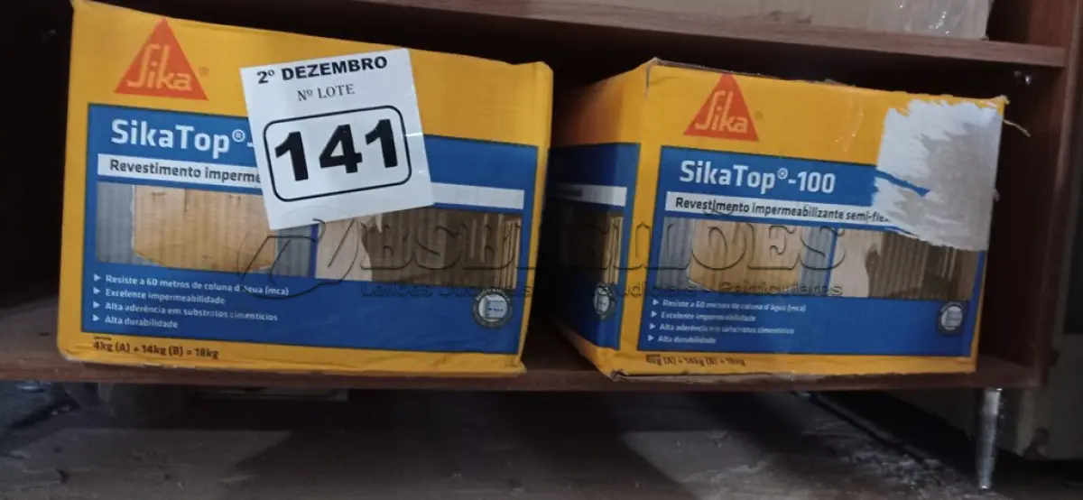 LOTE 141 - 02 CAIXAS DE SIKA TOP-100, REVESTIMENTO IMPERMEABILIZANTE SEMI-FLEXIVEL 18KG. (NO ESTADO) ATENÇÃO! FAZER A VISITAÇÃO ANTES DE ARREMATAR, NÃO SABEMOS SE FUNCIONA. LEILÃO NÃO TEM GARANTIA E NEM DEVOLUÇÃO, SUJEITO A POSSÍVEIS AVARIAS VISÍVEIS/OCULTAS E/OU AUSÊNCIA DE COMPONENTES.