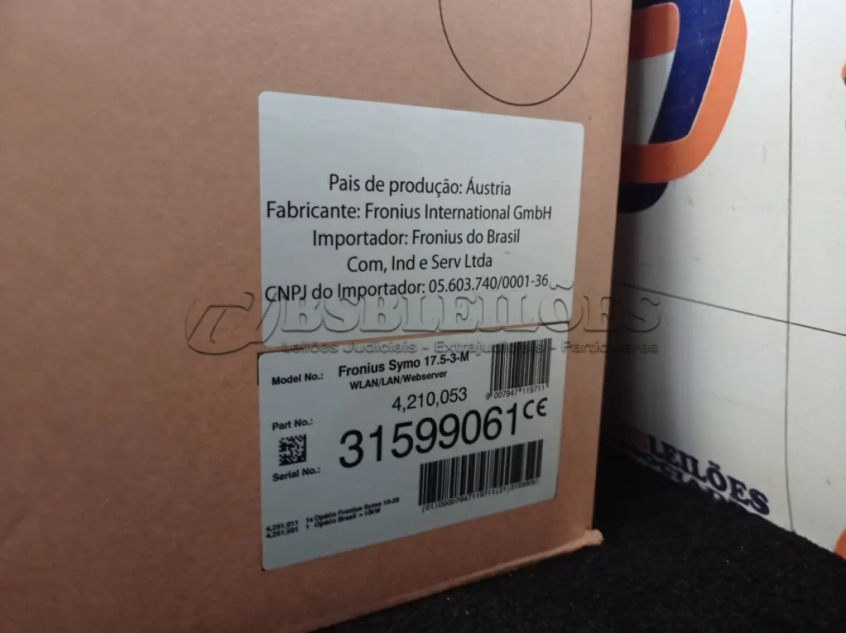 LOTE 405 - 01 INVERSOR FRONIUS SYMO 17.5-3-M. (NO ESTADO) ATENÇÃO! FAZER A VISITAÇÃO ANTES DE ARREMATAR, NÃO SABEMOS SE FUNCIONA. LEILÃO NÃO TEM GARANTIA E NEM DEVOLUÇÃO, SUJEITO A POSSÍVEIS AVARIAS VISÍVEIS/OCULTAS E/OU AUSÊNCIA DE COMPONENTES.