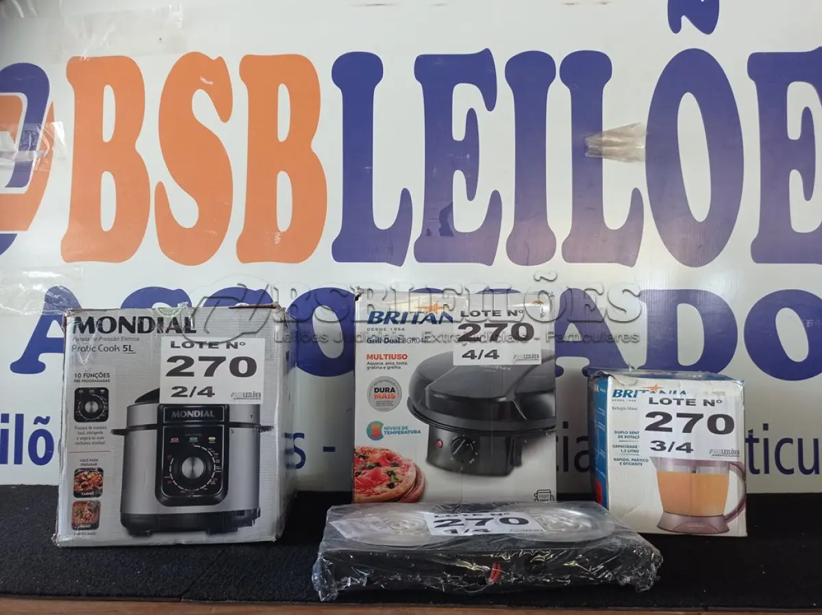 LOTE 270 - 01 – GRILL BRITÂNIA – ESPREMEDOR DE FRUTAS BRITANIA – 01 PANELA DE PRESSÃO ELÉTRICA MONDIAL – 01 FOGAREIRO 2 BOCAS (NO ESTADO, NÃO SABEMOS SE FUNCIONA. LEILÃO NÃO TEM GARANTIA E NEM DEVOLUÇÃO, SUJEITO A POSSÍVEIS AVARIAS VISÍVEIS/OCULTAS E/OU AUSÊNCIA DE COMPONENTES)