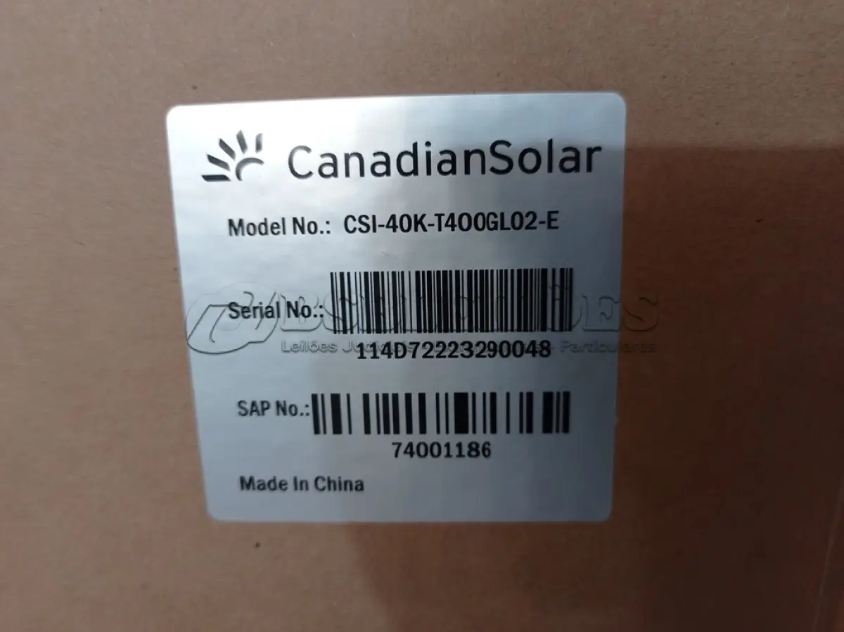 LOTE 407 - 01 INVERSOR CANADIAN CSI-40K-T400GL02-E. (NO ESTADO) ATENÇÃO! FAZER A VISITAÇÃO ANTES DE ARREMATAR, NÃO SABEMOS SE FUNCIONA. LEILÃO NÃO TEM GARANTIA E NEM DEVOLUÇÃO, SUJEITO A POSSÍVEIS AVARIAS VISÍVEIS/OCULTAS E/OU AUSÊNCIA DE COMPONENTES.