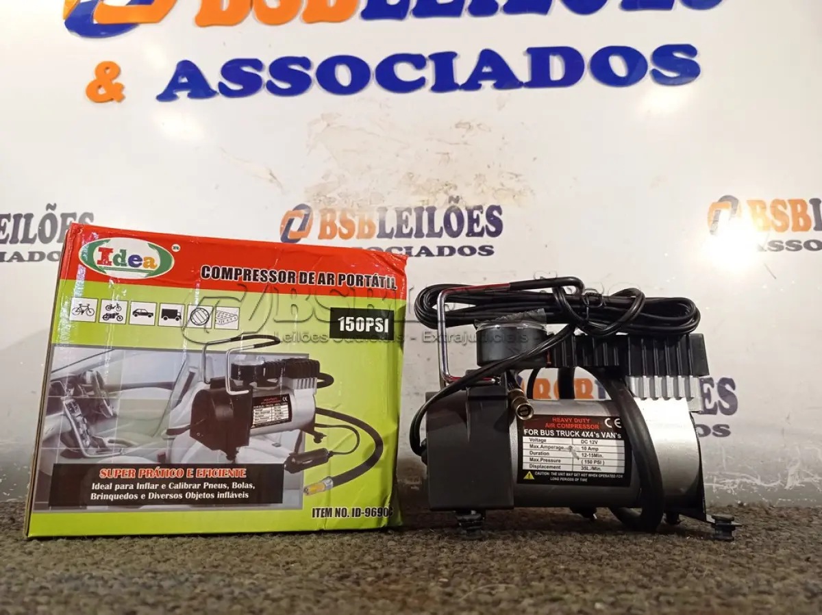 LOTE 023 - 01 COMPRESSOR DE AR PORTÁTIL 12V 150PSI. (NO ESTADO) ATENÇÃO! FAZER A VISITAÇÃO ANTES DE ARREMATAR, NÃO SABEMOS SE FUNCIONA. LEILÃO NÃO TEM GARANTIA E NEM DEVOLUÇÃO, SUJEITO A POSSÍVEIS AVARIAS VISÍVEIS/OCULTAS E/OU AUSÊNCIA DE COMPONENTES.
