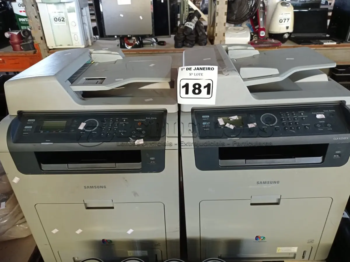 LOTE 181 - 02 IMPRESSORAS MULTIFUNCIONAL MARCAS SAMSUNG MODELOS CLX6250FX. (NO ESTADO) ATENÇÃO! FAZER A VISITAÇÃO ANTES DE ARREMATAR, NÃO SABEMOS SE FUNCIONA. LEILÃO NÃO TEM GARANTIA E NEM DEVOLUÇÃO, SUJEITO A POSSÍVEIS AVARIAS VISÍVEIS/OCULTAS E/OU AUSÊNCIA DE COMPONENTES.