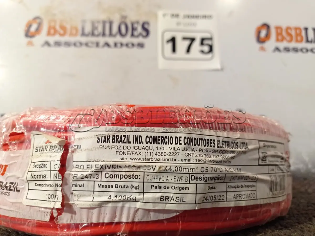 LOTE 175 - 01 ROLO DE CABO FLEXÍVEL 100M 1X4MM NA COR VERMELHA(NOVO). (NO ESTADO) ATENÇÃO! FAZER A VISITAÇÃO ANTES DE ARREMATAR, NÃO SABEMOS SE FUNCIONA. LEILÃO NÃO TEM GARANTIA E NEM DEVOLUÇÃO, SUJEITO A POSSÍVEIS AVARIAS VISÍVEIS/OCULTAS E/OU AUSÊNCIA DE COMPONENTES.