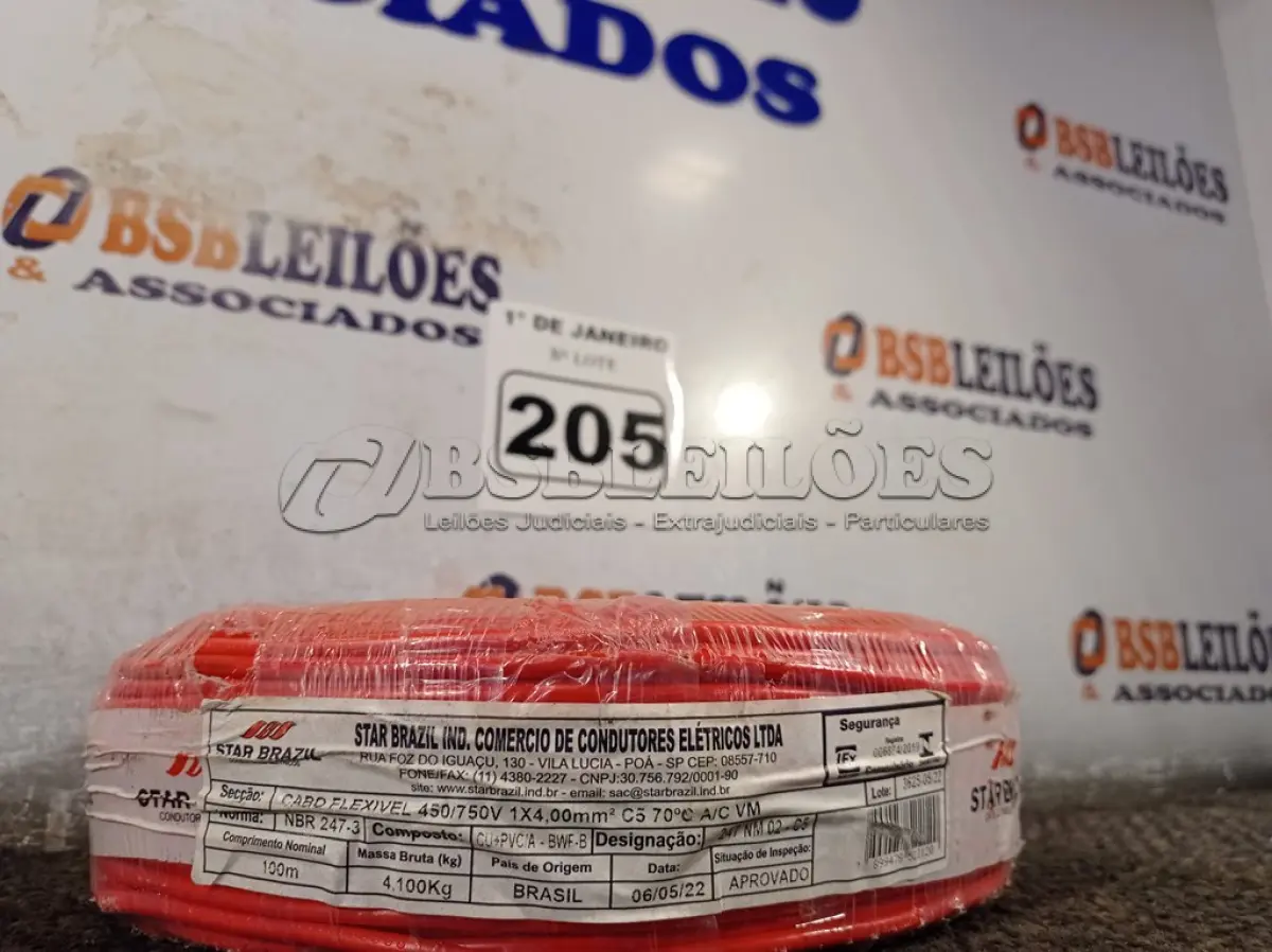 LOTE 205 - 01 ROLO DE CABO FLEXÍVEL 100M 1X4MM NA COR VERMELHA(NOVO). (NO ESTADO) ATENÇÃO! FAZER A VISITAÇÃO ANTES DE ARREMATAR, NÃO SABEMOS SE FUNCIONA. LEILÃO NÃO TEM GARANTIA E NEM DEVOLUÇÃO, SUJEITO A POSSÍVEIS AVARIAS VISÍVEIS/OCULTAS E/OU AUSÊNCIA DE COMPONENTES.