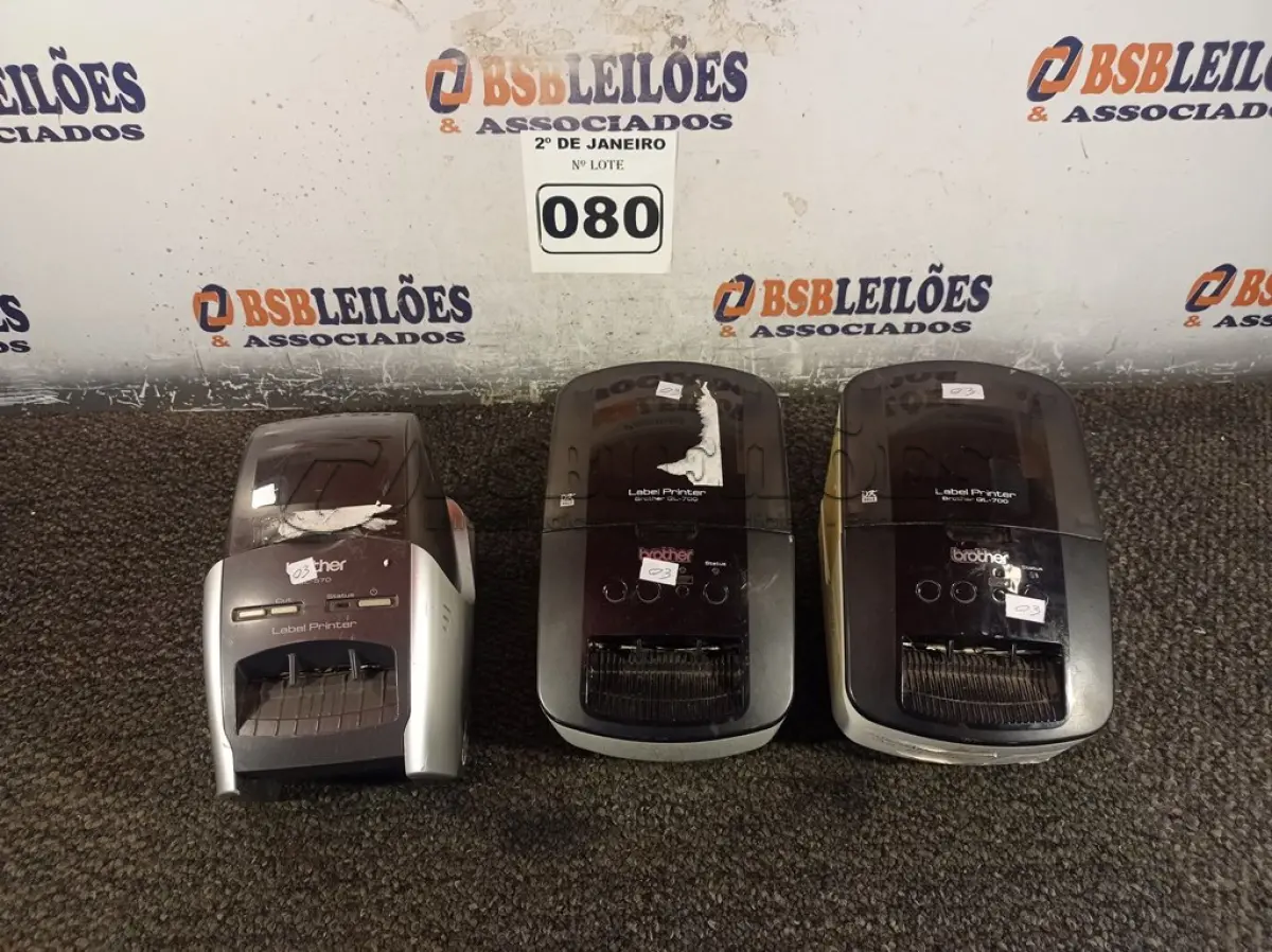 LOTE 080 - 03 IMPRESSORAS DE ETIQUETAS MARCA BROTHER. (NO ESTADO) ATENÇÃO! FAZER A VISITAÇÃO ANTES DE ARREMATAR, NÃO SABEMOS SE FUNCIONA. LEILÃO NÃO TEM GARANTIA E NEM DEVOLUÇÃO, SUJEITO A POSSÍVEIS AVARIAS VISÍVEIS/OCULTAS E/OU AUSÊNCIA DE COMPONENTES.