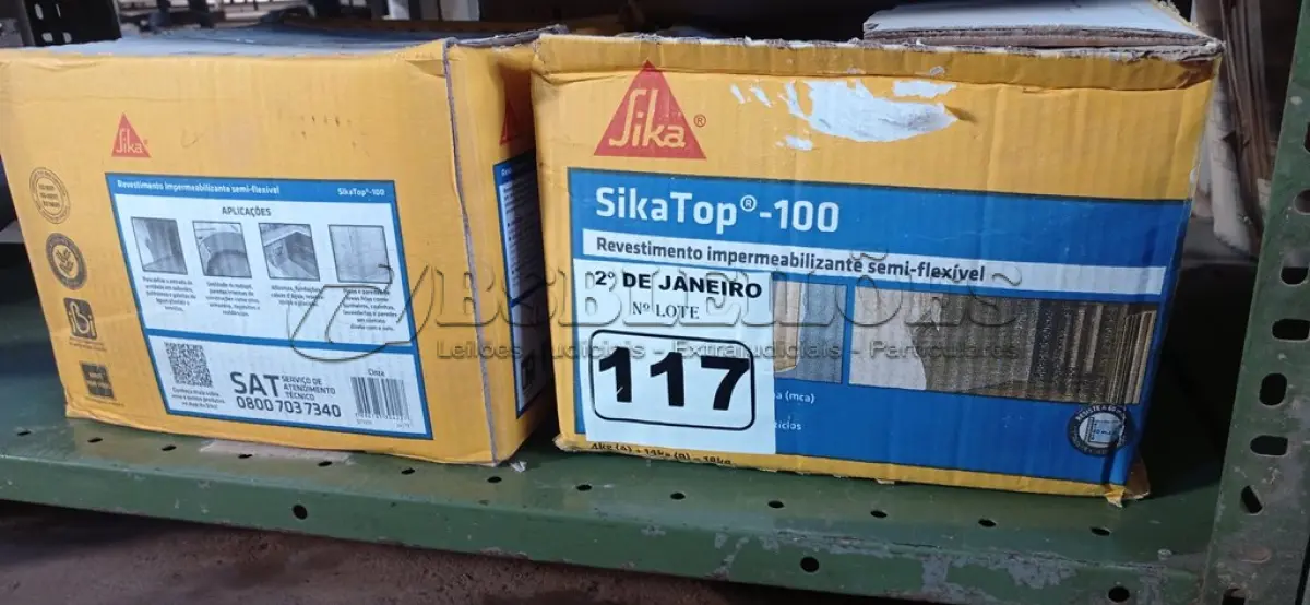 LOTE 117 - 02 CAIXAS DE REVESTIMENTO IMPERMEABILIZANTE SEMI-FLEXIVEL SIKA TOP 100 18KG. (NO ESTADO) ATENÇÃO! FAZER A VISITAÇÃO ANTES DE ARREMATAR, NÃO SABEMOS SE FUNCIONA. LEILÃO NÃO TEM GARANTIA E NEM DEVOLUÇÃO, SUJEITO A POSSÍVEIS AVARIAS VISÍVEIS/OCULTAS E/OU AUSÊNCIA DE COMPONENTES.