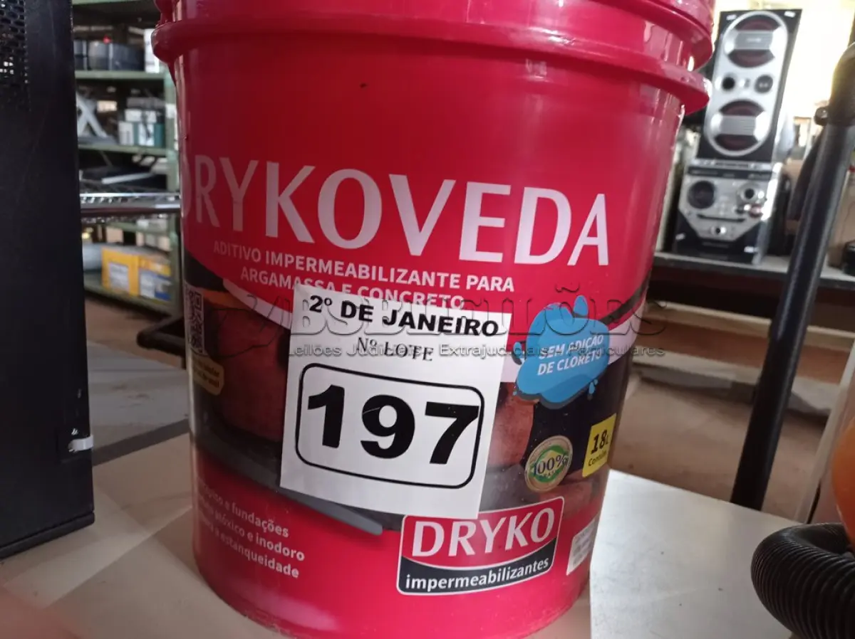 LOTE 197 - 01 ADITIVO IPERMEABILIZANTE PARA ARGAMASSA E CONCRETO MARCA DRIKOVEDA 18L. (NO ESTADO) ATENÇÃO! FAZER A VISITAÇÃO ANTES DE ARREMATAR, NÃO SABEMOS SE FUNCIONA. LEILÃO NÃO TEM GARANTIA E NEM DEVOLUÇÃO, SUJEITO A POSSÍVEIS AVARIAS VISÍVEIS/OCULTAS E/OU AUSÊNCIA DE COMPONENTES.