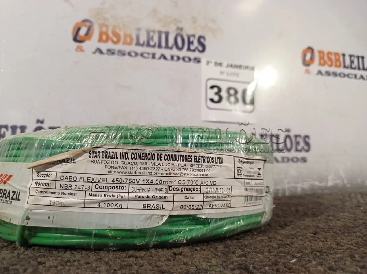LOTE 380 - 01 ROLO DE CABO FLEXÍVEL 100M 1X4MM NA COR VERDE(NOVO). (NO ESTADO) ATENÇÃO! FAZER A VISITAÇÃO ANTES DE ARREMATAR, NÃO SABEMOS SE FUNCIONA. LEILÃO NÃO TEM GARANTIA E NEM DEVOLUÇÃO, SUJEITO A POSSÍVEIS AVARIAS VISÍVEIS/OCULTAS E/OU AUSÊNCIA DE COMPONENTES.