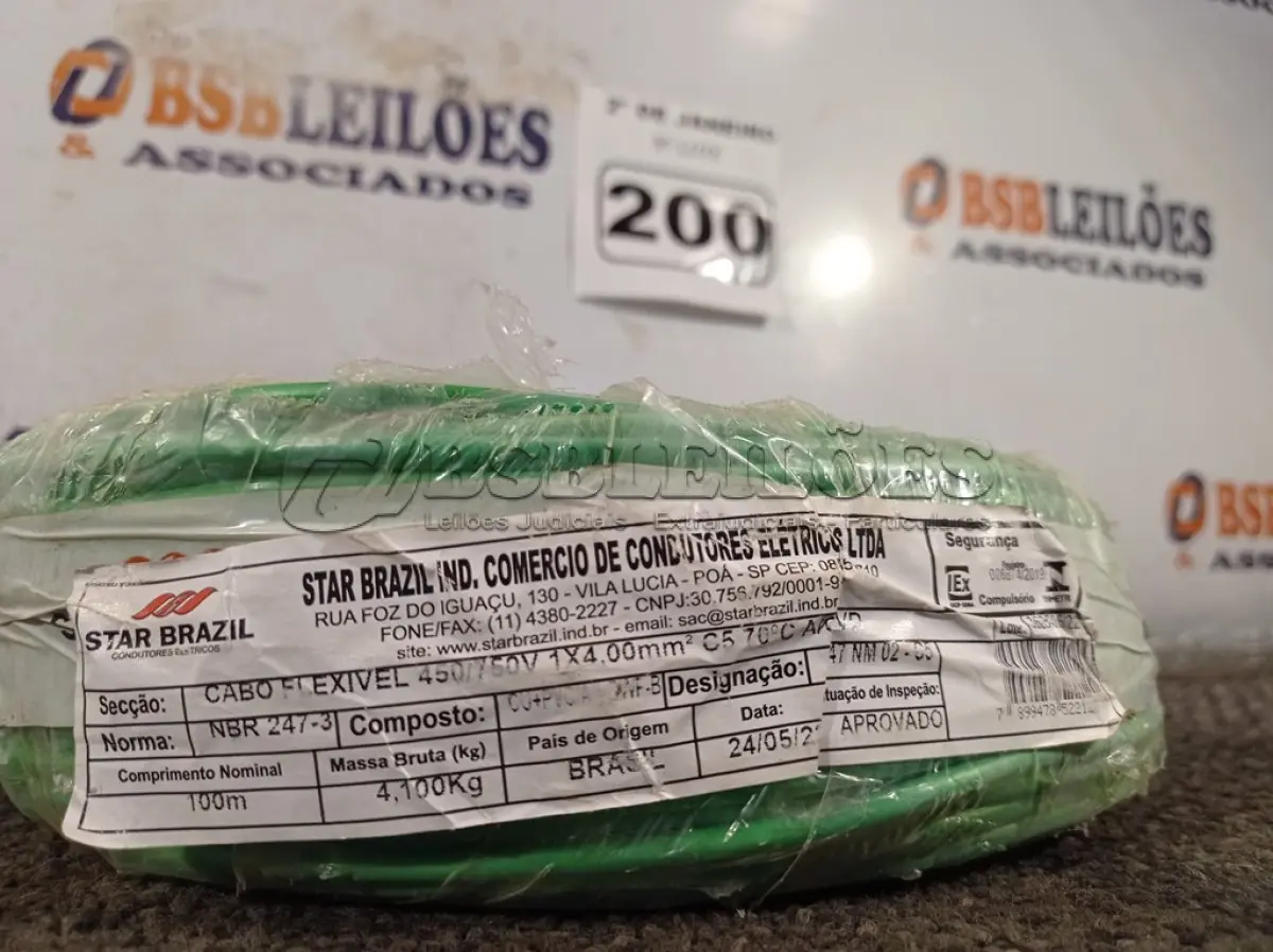 LOTE 200 - 01 ROLO DE CABO FLEXÍVEL 100M 1X4MM NA COR VERDE(NOVO). (NO ESTADO) ATENÇÃO! FAZER A VISITAÇÃO ANTES DE ARREMATAR, NÃO SABEMOS SE FUNCIONA. LEILÃO NÃO TEM GARANTIA E NEM DEVOLUÇÃO, SUJEITO A POSSÍVEIS AVARIAS VISÍVEIS/OCULTAS E/OU AUSÊNCIA DE COMPONENTES.