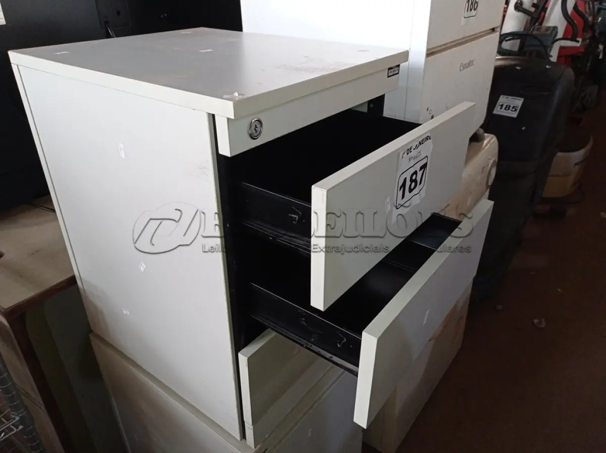 LOTE 187 - 02 GAVETEIROS PARA ESCRITORIO COM 03 GAVETAS CADA. (NO ESTADO) ATENÇÃO! FAZER A VISITAÇÃO ANTES DE ARREMATAR, NÃO SABEMOS SE FUNCIONA. LEILÃO NÃO TEM GARANTIA E NEM DEVOLUÇÃO, SUJEITO A POSSÍVEIS AVARIAS VISÍVEIS/OCULTAS E/OU AUSÊNCIA DE COMPONENTES.