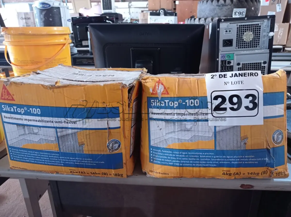 LOTE 293 - 02 CAIXAS DE REVESTIMENTO IMPERMEABILIZANTE SEMI-FLEXIVEL SIKA TOP 100 18KG. (NO ESTADO) ATENÇÃO! FAZER A VISITAÇÃO ANTES DE ARREMATAR, NÃO SABEMOS SE FUNCIONA. LEILÃO NÃO TEM GARANTIA E NEM DEVOLUÇÃO, SUJEITO A POSSÍVEIS AVARIAS VISÍVEIS/OCULTAS E/OU AUSÊNCIA DE COMPONENTES.