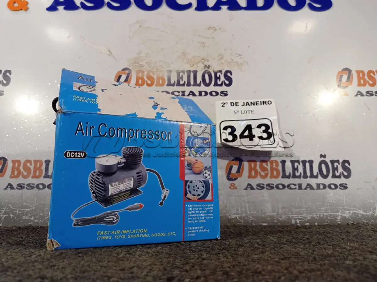 LOTE 343 - 01 COMPRESSOR DE AR PORTÁTIL DC 12V. (NO ESTADO) ATENÇÃO! FAZER A VISITAÇÃO ANTES DE ARREMATAR, NÃO SABEMOS SE FUNCIONA. LEILÃO NÃO TEM GARANTIA E NEM DEVOLUÇÃO, SUJEITO A POSSÍVEIS AVARIAS VISÍVEIS/OCULTAS E/OU AUSÊNCIA DE COMPONENTES.