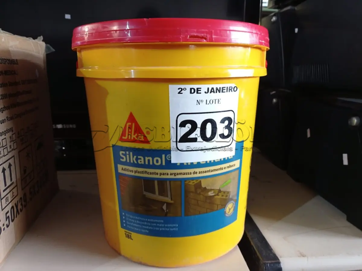 LOTE 203 - 01 ADITIVO PLASTIFICANTE PARA ARGAMASSA DE ACENTAMENTO E REBOCO MARCA SIKANOL ALVENARIA 18LT. (NO ESTADO) ATENÇÃO! FAZER A VISITAÇÃO ANTES DE ARREMATAR, NÃO SABEMOS SE FUNCIONA. LEILÃO NÃO TEM GARANTIA E NEM DEVOLUÇÃO, SUJEITO A POSSÍVEIS AVARIAS VISÍVEIS/OCULTAS E/OU AUSÊNCIA DE COMPONENTES.