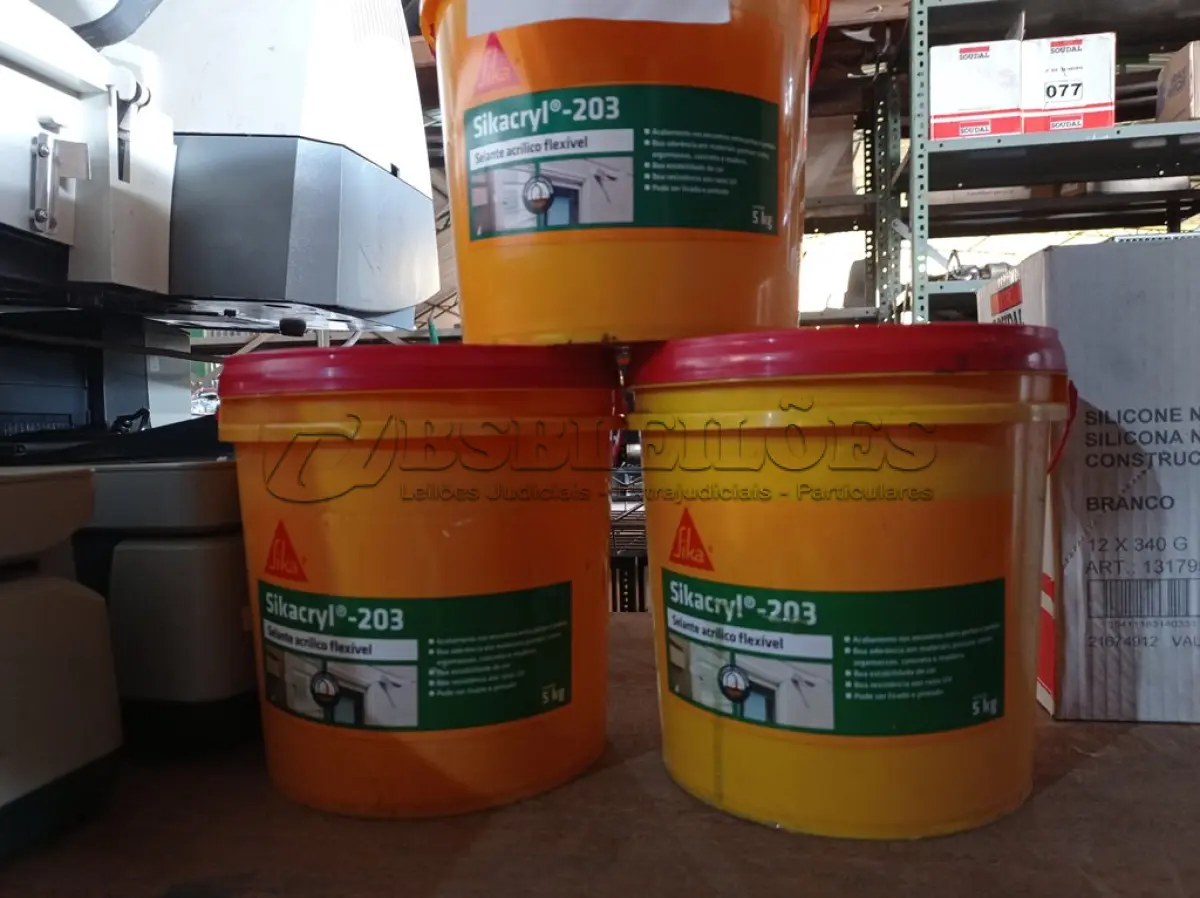 LOTE 216 - 03 BALDES DE SELANTE ACRÍLICO FLEXÍVEL SIKACRYL 203 5KG. (NO ESTADO) ATENÇÃO! FAZER A VISITAÇÃO ANTES DE ARREMATAR, NÃO SABEMOS SE FUNCIONA. LEILÃO NÃO TEM GARANTIA E NEM DEVOLUÇÃO, SUJEITO A POSSÍVEIS AVARIAS VISÍVEIS/OCULTAS E/OU AUSÊNCIA DE COMPONENTES.
