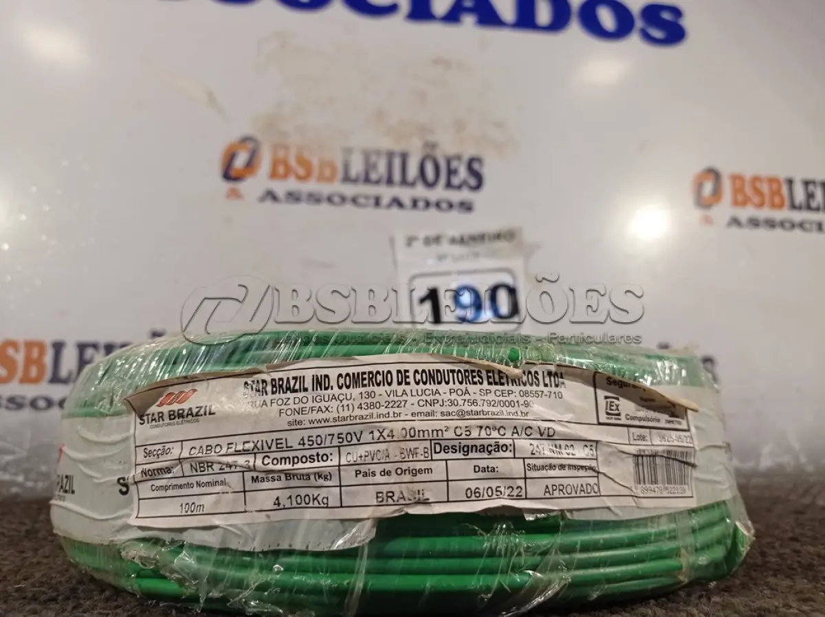 LOTE 190 - 01 ROLO DE CABO FLEXÍVEL 100M 1X4MM NA COR VERDE(NOVO). (NO ESTADO) ATENÇÃO! FAZER A VISITAÇÃO ANTES DE ARREMATAR, NÃO SABEMOS SE FUNCIONA. LEILÃO NÃO TEM GARANTIA E NEM DEVOLUÇÃO, SUJEITO A POSSÍVEIS AVARIAS VISÍVEIS/OCULTAS E/OU AUSÊNCIA DE COMPONENTES.