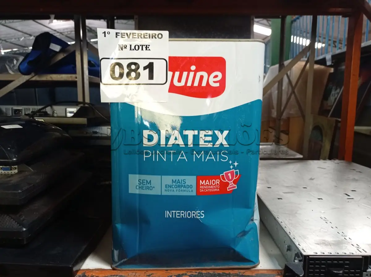 LOTE 081 - 01 LATA DE TINTA IQUINE DIATEX PINTA MAIS FOSCO-AVELUDADO 18L NA COR PEROLA. (NO ESTADO) ATENÇÃO! FAZER A VISITAÇÃO ANTES DE ARREMATAR, NÃO SABEMOS SE FUNCIONA. LEILÃO NÃO TEM GARANTIA E NEM DEVOLUÇÃO, SUJEITO A POSSÍVEIS AVARIAS VISÍVEIS/OCULTAS E/OU AUSÊNCIA DE COMPONENTES.