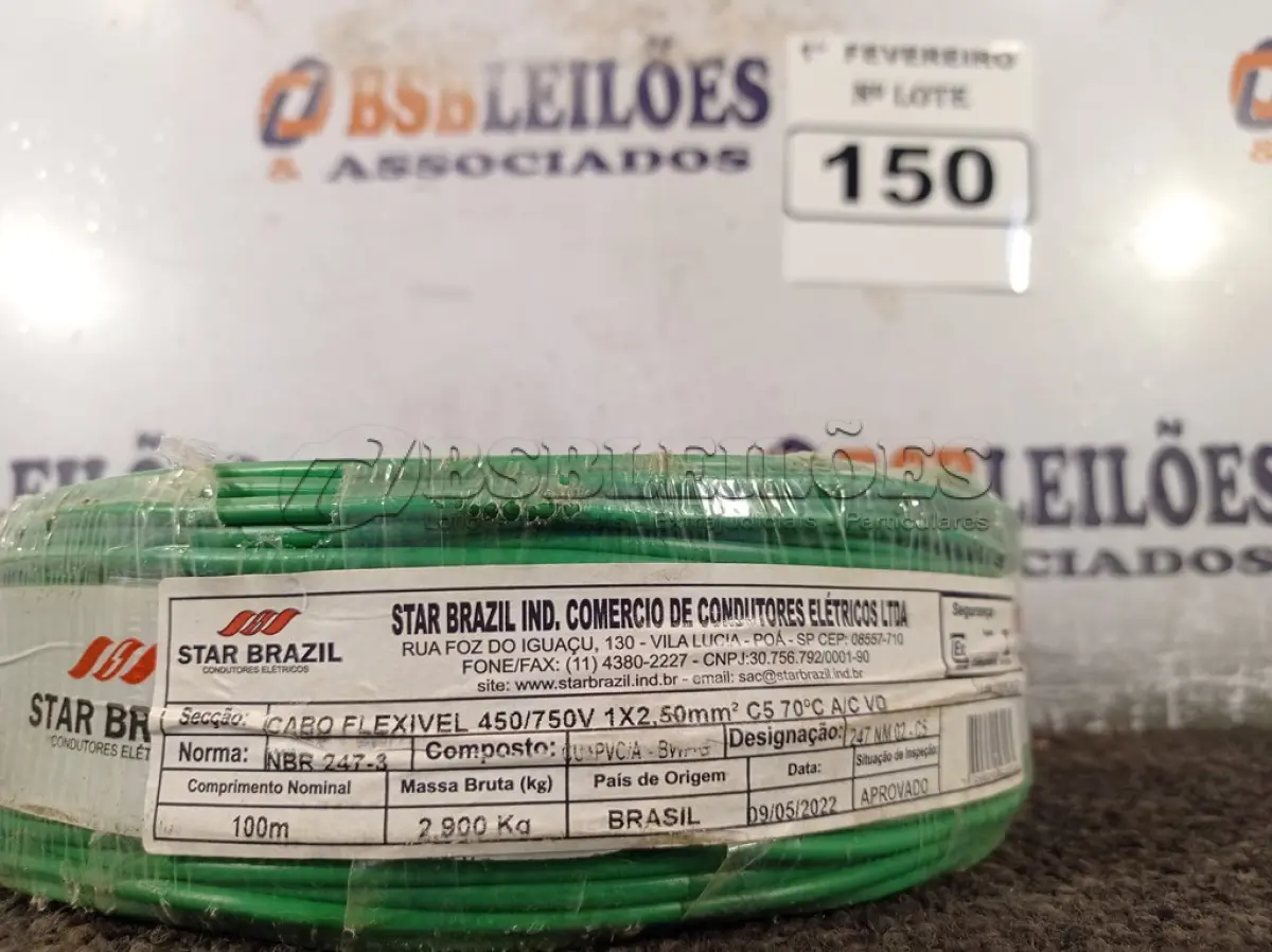 LOTE 150 - 01 ROLO DE CABO FLEXÍVEL 100M 1X2,5MM NA COR VERDE(NOVO). (NO ESTADO) ATENÇÃO! FAZER A VISITAÇÃO ANTES DE ARREMATAR, NÃO SABEMOS SE FUNCIONA. LEILÃO NÃO TEM GARANTIA E NEM DEVOLUÇÃO, SUJEITO A POSSÍVEIS AVARIAS VISÍVEIS/OCULTAS E/OU AUSÊNCIA DE COMPONENTES.