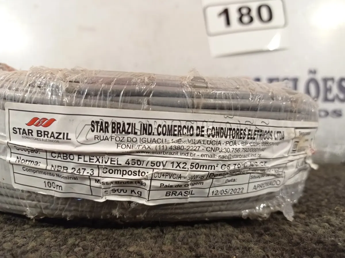 LOTE 180 - 01 ROLO DE CABO FLEXÍVEL 100M 1X2,5MM NA COR CINZA(NOVO). (NO ESTADO) ATENÇÃO! FAZER A VISITAÇÃO ANTES DE ARREMATAR, NÃO SABEMOS SE FUNCIONA. LEILÃO NÃO TEM GARANTIA E NEM DEVOLUÇÃO, SUJEITO A POSSÍVEIS AVARIAS VISÍVEIS/OCULTAS E/OU AUSÊNCIA DE COMPONENTES.