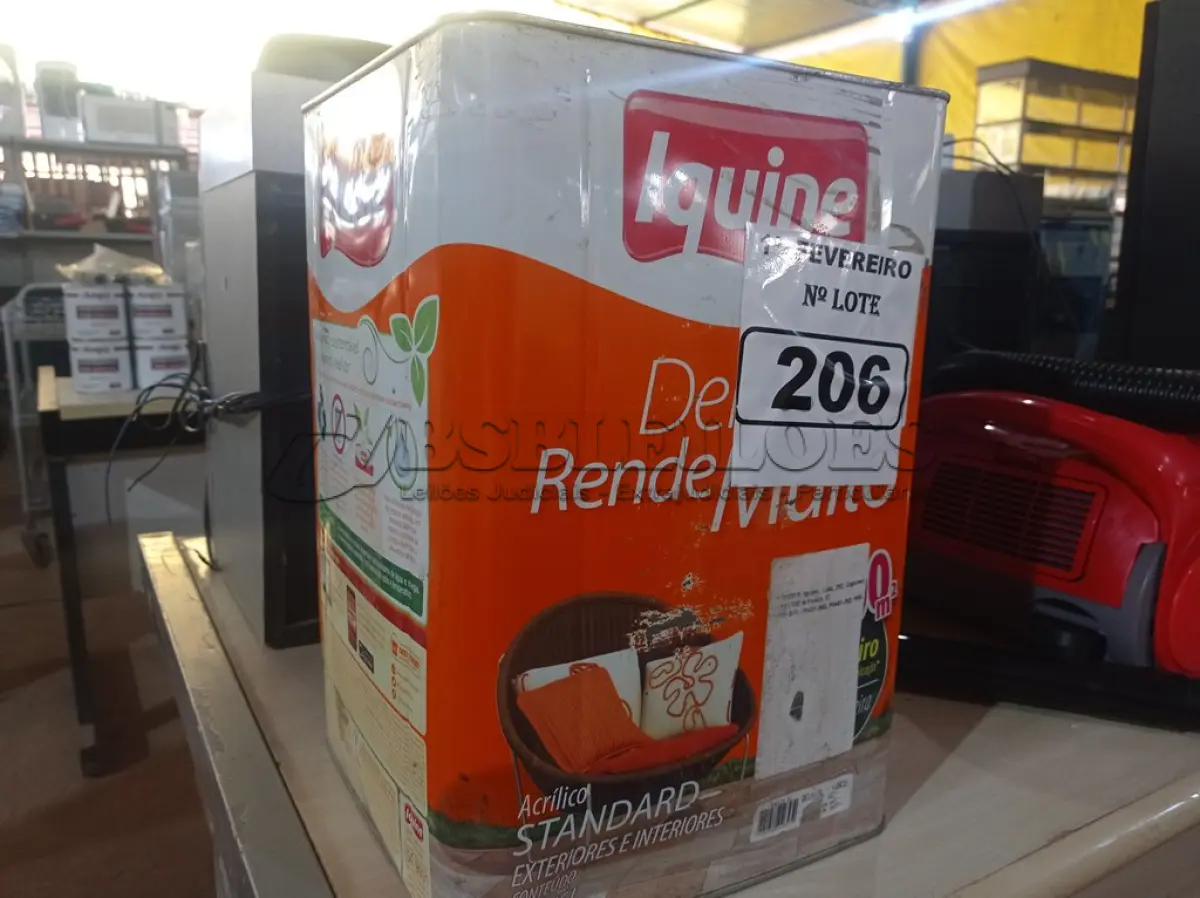 LOTE 206 - 01 LATA DE TINTA IQUINE DELANIL RENDE MUITO 18L FOSCO BASE “C”. (NO ESTADO) ATENÇÃO! FAZER A VISITAÇÃO ANTES DE ARREMATAR, NÃO SABEMOS SE FUNCIONA. LEILÃO NÃO TEM GARANTIA E NEM DEVOLUÇÃO, SUJEITO A POSSÍVEIS AVARIAS VISÍVEIS/OCULTAS E/OU AUSÊNCIA DE COMPONENTES.