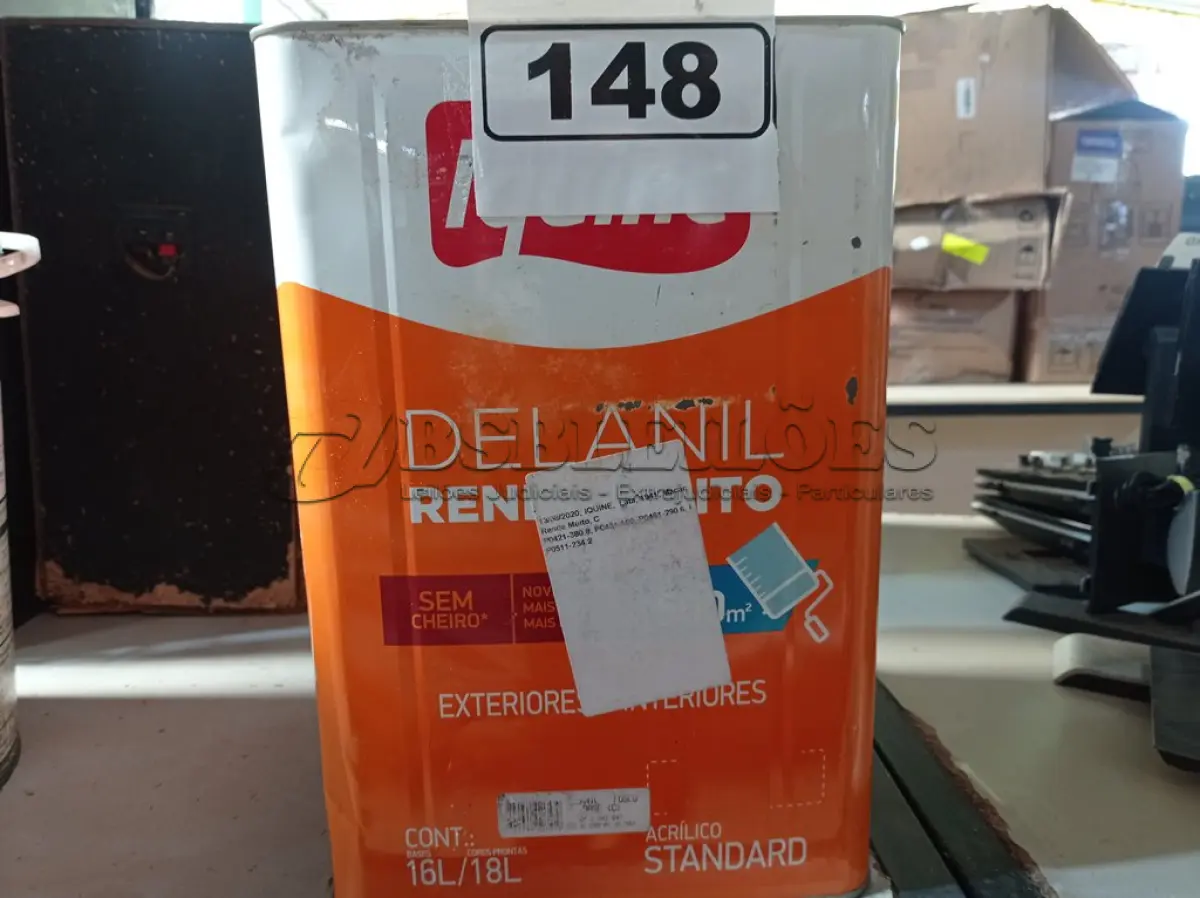 LOTE 148 - 01 LATA DE TINTA IQUINE DELANIL RENDE MUITO 18L FOSCO BASE “C”. (NO ESTADO) ATENÇÃO! FAZER A VISITAÇÃO ANTES DE ARREMATAR, NÃO SABEMOS SE FUNCIONA. LEILÃO NÃO TEM GARANTIA E NEM DEVOLUÇÃO, SUJEITO A POSSÍVEIS AVARIAS VISÍVEIS/OCULTAS E/OU AUSÊNCIA DE COMPONENTES.