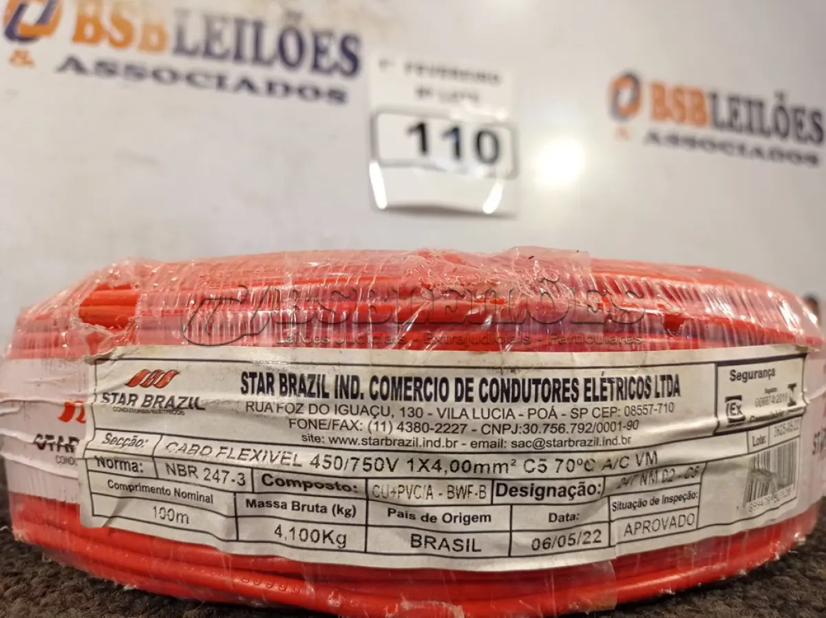 LOTE 110 - 01 ROLO DE CABO FLEXÍVEL 100M 1X4MM NA COR VERMELHA(NOVO). (NO ESTADO) ATENÇÃO! FAZER A VISITAÇÃO ANTES DE ARREMATAR, NÃO SABEMOS SE FUNCIONA. LEILÃO NÃO TEM GARANTIA E NEM DEVOLUÇÃO, SUJEITO A POSSÍVEIS AVARIAS VISÍVEIS/OCULTAS E/OU AUSÊNCIA DE COMPONENTES.