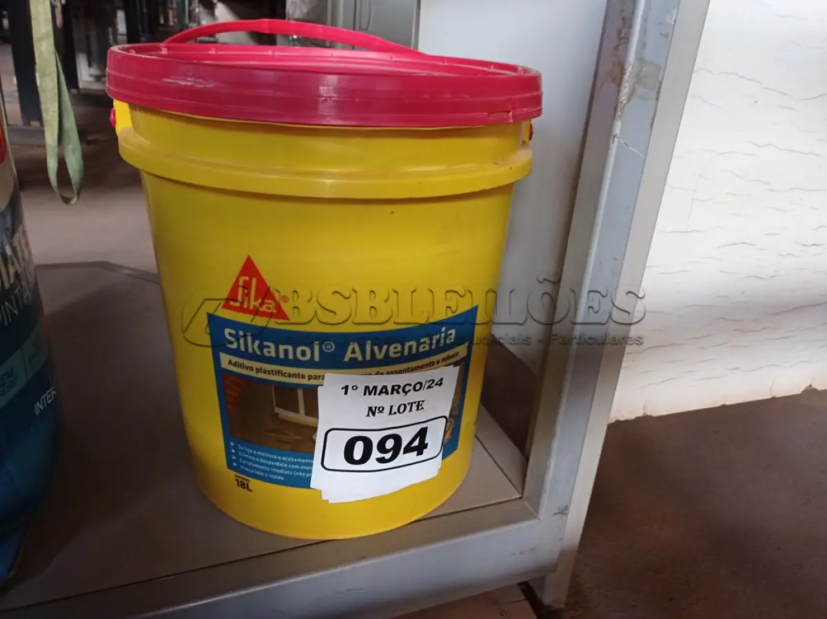 LOTE 094 - 01 BALDE DE SIKANOL ALVENARIA, ADITIVO PLASTIFICANTE PARA ARGAMASSA DE ASSENTAMENTO E REBOCO 18L. (NO ESTADO) ATENÇÃO! FAZER A VISITAÇÃO ANTES DE ARREMATAR, NÃO SABEMOS SE FUNCIONA. LEILÃO NÃO TEM GARANTIA E NEM DEVOLUÇÃO, SUJEITO A POSSÍVEIS AVARIAS VISÍVEIS/OCULTAS E/OU AUSÊNCIA DE COMPONENTES.