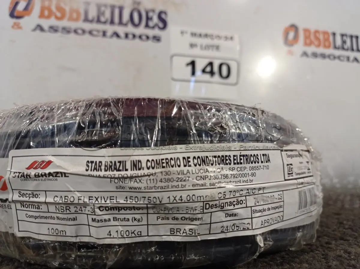 LOTE 140 - 01 ROLO DE CABO FLEXÍVEL 100M 1X4MM NA COR PRETA (NOVO). (NO ESTADO) ATENÇÃO! FAZER A VISITAÇÃO ANTES DE ARREMATAR, NÃO SABEMOS SE FUNCIONA. LEILÃO NÃO TEM GARANTIA E NEM DEVOLUÇÃO, SUJEITO A POSSÍVEIS AVARIAS VISÍVEIS/OCULTAS E/OU AUSÊNCIA DE COMPONENTES.