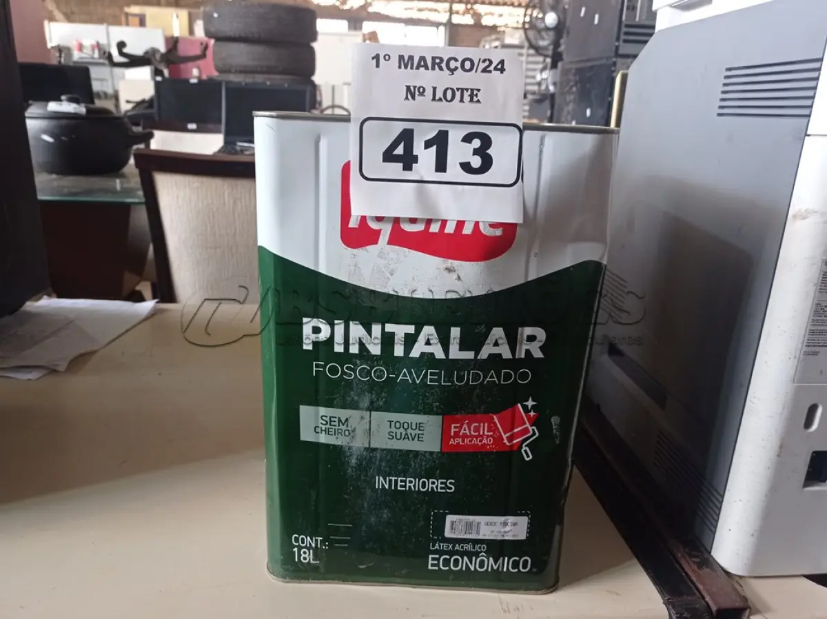 LOTE 413 - 01 LATA DE TINTA IQUINE PINTALAR FOSCO AVELUDADO 18L COR VERDE PISCINA. (NO ESTADO) ATENÇÃO! FAZER A VISITAÇÃO ANTES DE ARREMATAR, NÃO SABEMOS SE FUNCIONA. LEILÃO NÃO TEM GARANTIA E NEM DEVOLUÇÃO, SUJEITO A POSSÍVEIS AVARIAS VISÍVEIS/OCULTAS E/OU AUSÊNCIA DE COMPONENTES.