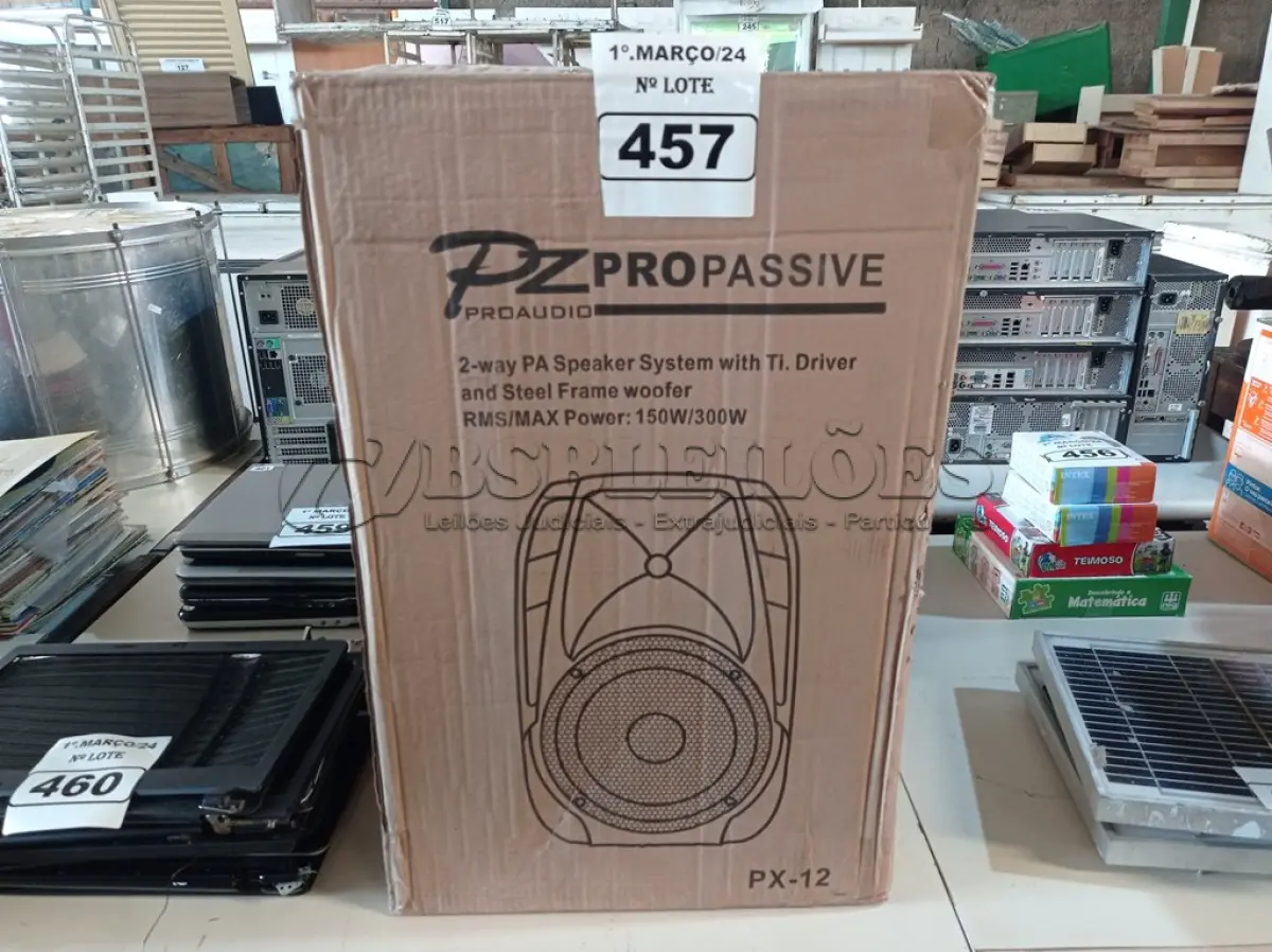 LOTE 457 - 01 CAIXA DE SOM PZ PROPASSIVE PX-12. (NO ESTADO) ATENÇÃO! FAZER A VISITAÇÃO ANTES DE ARREMATAR, NÃO SABEMOS SE FUNCIONA. LEILÃO NÃO TEM GARANTIA E NEM DEVOLUÇÃO, SUJEITO A POSSÍVEIS AVARIAS VISÍVEIS/OCULTAS E/OU AUSÊNCIA DE COMPONENTES.