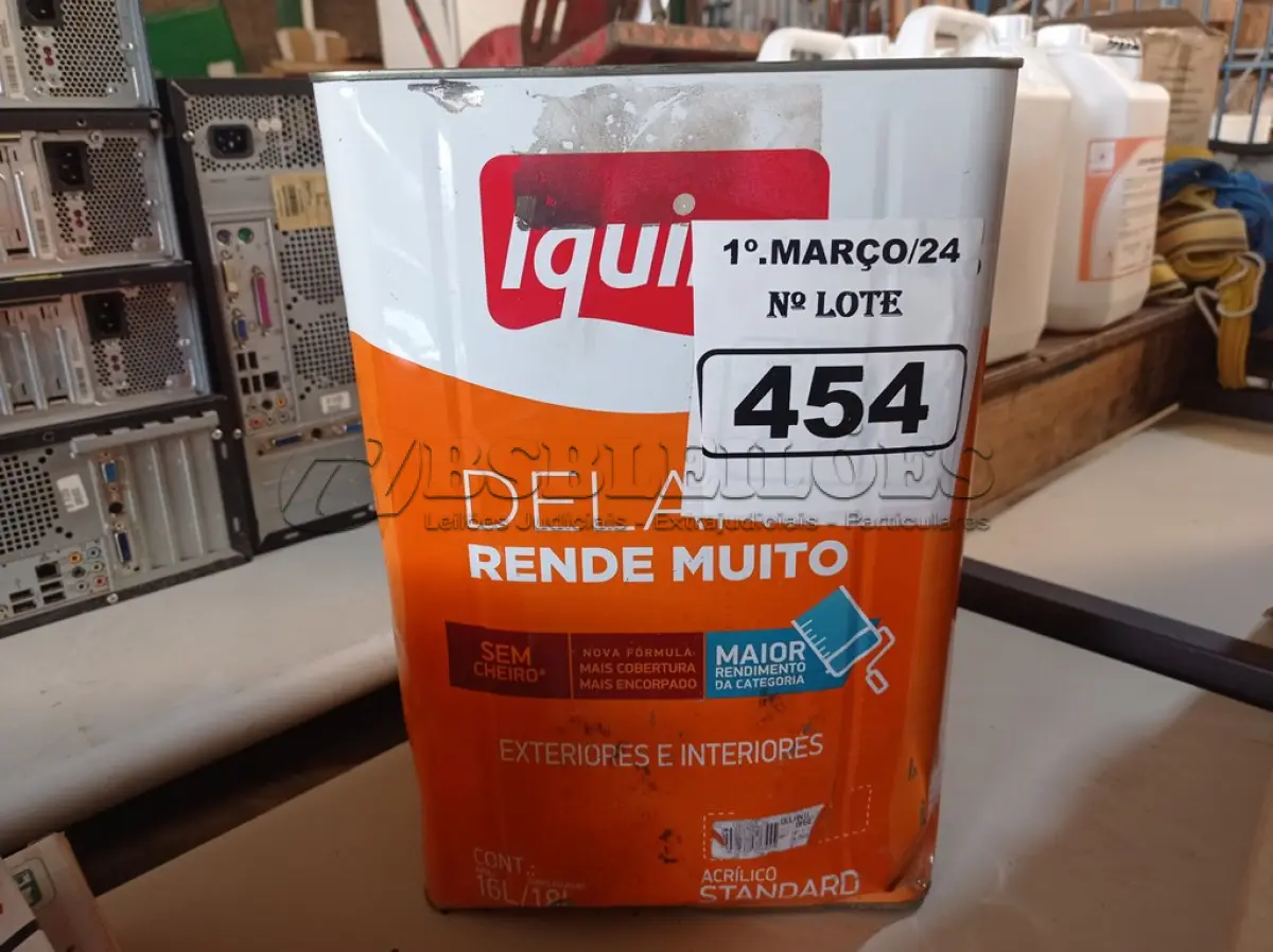 LOTE 454 - 01 LATA DE TINTA IQUINE DELANIL RENDE MUITO 16/ 18L BASE PARA EXTERIOR E INTERIOR. (NO ESTADO) ATENÇÃO! FAZER A VISITAÇÃO ANTES DE ARREMATAR, NÃO SABEMOS SE FUNCIONA. LEILÃO NÃO TEM GARANTIA E NEM DEVOLUÇÃO, SUJEITO A POSSÍVEIS AVARIAS VISÍVEIS/OCULTAS E/OU AUSÊNCIA DE COMPONENTES.