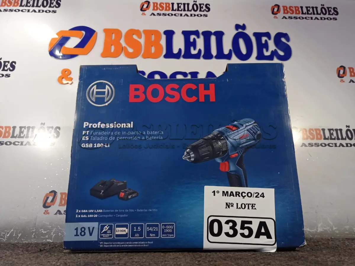 LOTE 035 - 01 FURADEIRA DE IMPACTO PROFISSIONAL A BATERIA MODELO:GSB180-LI220V 710W MARCA BOSCH. . (NOVO) (NO ESTADO) ATENÇÃO! FAZER A VISITAÇÃO ANTES DE ARREMATAR, NÃO SABEMOS SE FUNCIONA. LEILÃO NÃO TEM GARANTIA E NEM DEVOLUÇÃO, SUJEITO A POSSÍVEIS AVARIAS VISÍVEIS/OCULTAS E/OU AUSÊNCIA DE COMPONENTES.