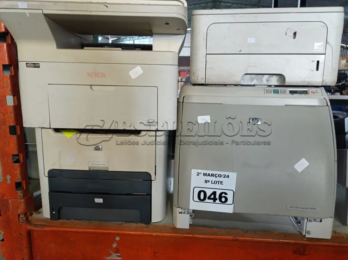 LOTE 046 - 04 IMPRESSORAS MARCAS E MODELOS DIVERSOS. (NO ESTADO) ATENÇÃO! FAZER A VISITAÇÃO ANTES DE ARREMATAR, NÃO SABEMOS SE FUNCIONA. LEILÃO NÃO TEM GARANTIA E NEM DEVOLUÇÃO, SUJEITO A POSSÍVEIS AVARIAS VISÍVEIS/OCULTAS E/OU AUSÊNCIA DE COMPONENTES.