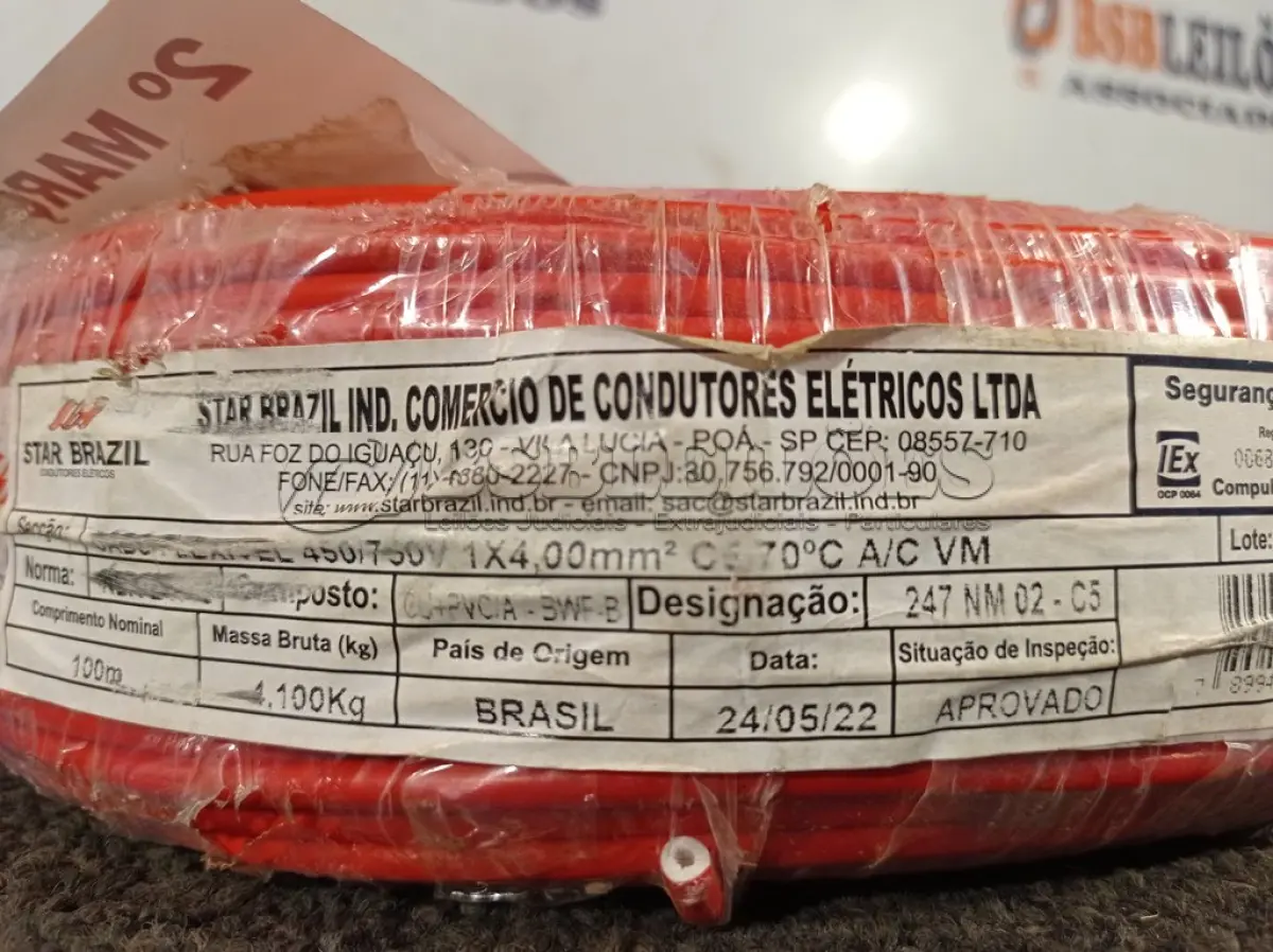 LOTE 020 - 01 ROLO DE CABO FLEXÍVEL 100M 1X4MM NA COR VERMELHA(NOVO). (NO ESTADO) ATENÇÃO! FAZER A VISITAÇÃO ANTES DE ARREMATAR, NÃO SABEMOS SE FUNCIONA. LEILÃO NÃO TEM GARANTIA E NEM DEVOLUÇÃO, SUJEITO A POSSÍVEIS AVARIAS VISÍVEIS/OCULTAS E/OU AUSÊNCIA DE COMPONENTES.