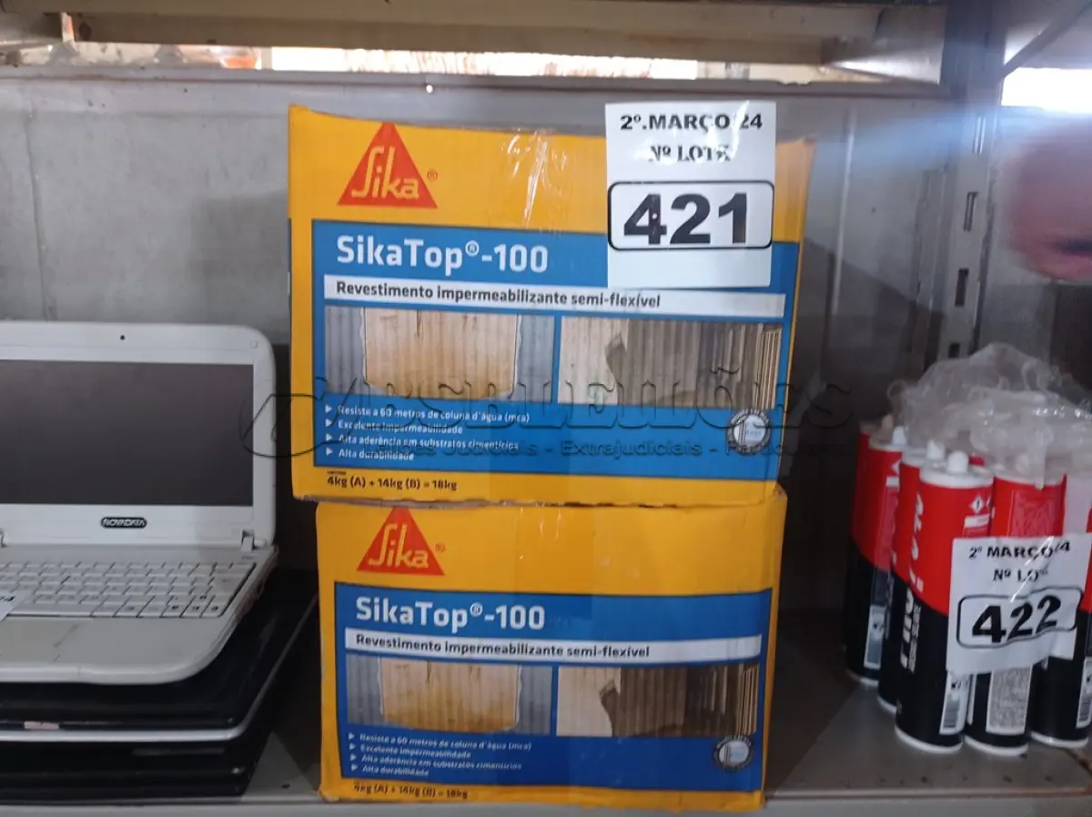 LOTE 421 - 02 CAIXAS DE SIKA TOP-100, REVESTIMENTO IMPERMEABILIZANTE SEMI-FLEXIVEL. (NO ESTADO) ATENÇÃO! FAZER A VISITAÇÃO ANTES DE ARREMATAR, NÃO SABEMOS SE FUNCIONA. LEILÃO NÃO TEM GARANTIA E NEM DEVOLUÇÃO, SUJEITO A POSSÍVEIS AVARIAS VISÍVEIS/OCULTAS E/OU AUSÊNCIA DE COMPONENTES.