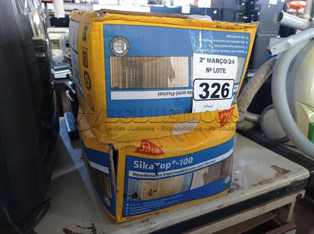 LOTE 326 - 02 CAIXAS DE SIKA TOP-100, REVESTIMENTO IMPERMEABILIZANTE SEMI-FLEXIVEL. (NO ESTADO) ATENÇÃO! FAZER A VISITAÇÃO ANTES DE ARREMATAR, NÃO SABEMOS SE FUNCIONA. LEILÃO NÃO TEM GARANTIA E NEM DEVOLUÇÃO, SUJEITO A POSSÍVEIS AVARIAS VISÍVEIS/OCULTAS E/OU AUSÊNCIA DE COMPONENTES.