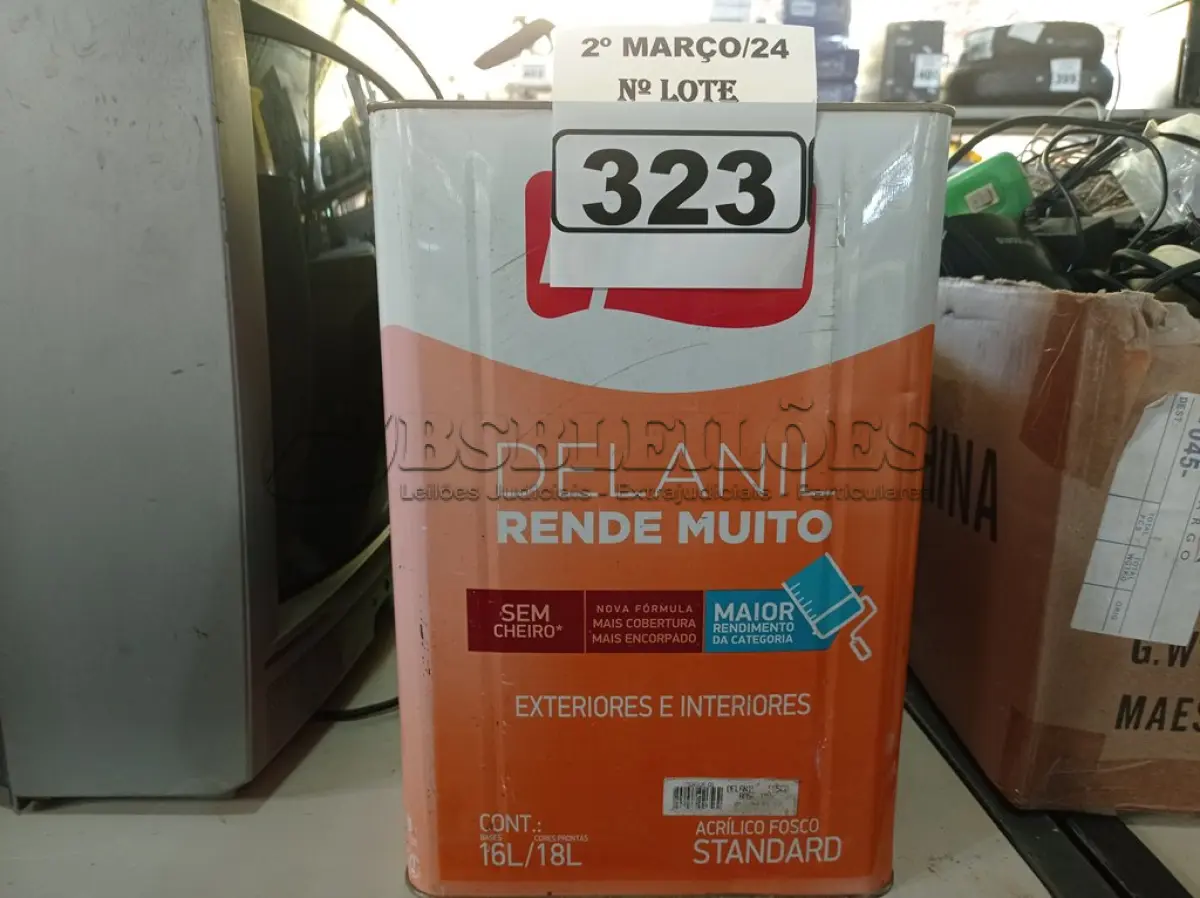 LOTE 323 - 01 LATA DE TINTA IQUINE DELANIL RENDE MUITO 18L FOSCO BASE “M”. (NO ESTADO) ATENÇÃO! FAZER A VISITAÇÃO ANTES DE ARREMATAR, NÃO SABEMOS SE FUNCIONA. LEILÃO NÃO TEM GARANTIA E NEM DEVOLUÇÃO, SUJEITO A POSSÍVEIS AVARIAS VISÍVEIS/OCULTAS E/OU AUSÊNCIA DE COMPONENTES.