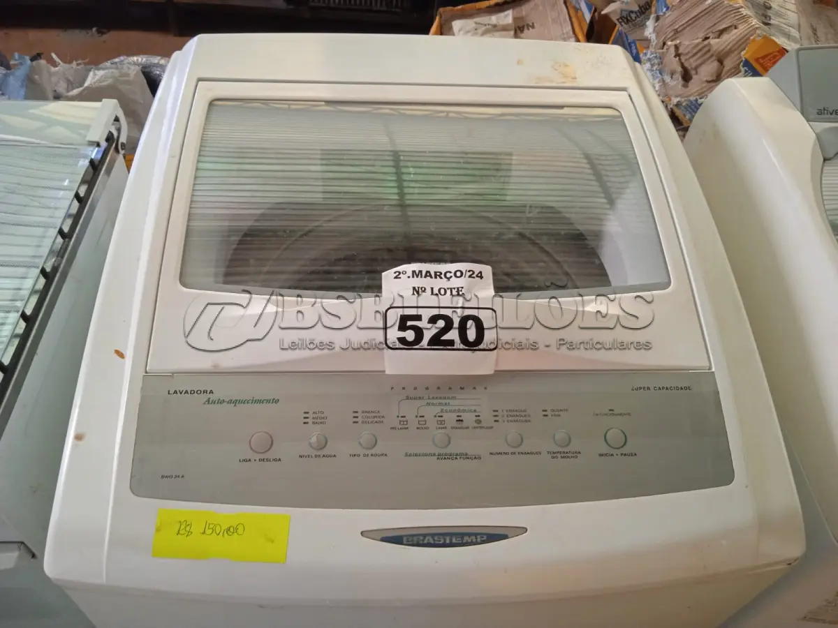 LOTE 520 - 01 LAVADORA AUTO AQUECIMENTO MARCA BRASTEMP 127V. (NO ESTADO) ATENÇÃO! FAZER A VISITAÇÃO ANTES DE ARREMATAR, NÃO SABEMOS SE FUNCIONA. LEILÃO NÃO TEM GARANTIA E NEM DEVOLUÇÃO, SUJEITO A POSSÍVEIS AVARIAS VISÍVEIS/OCULTAS E/OU AUSÊNCIA DE COMPONENTES.