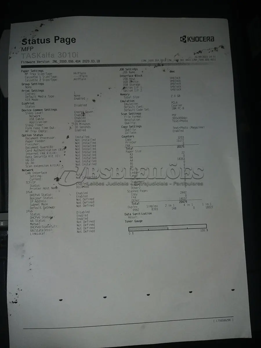LOTE 021 - 04 MULTIFUNCIONAL MONO LASER_KYOCERA TASKALFA 3010I + GRAMPEADOR 50 FLS + GABINETE COM RODAS (NO ESTADO)