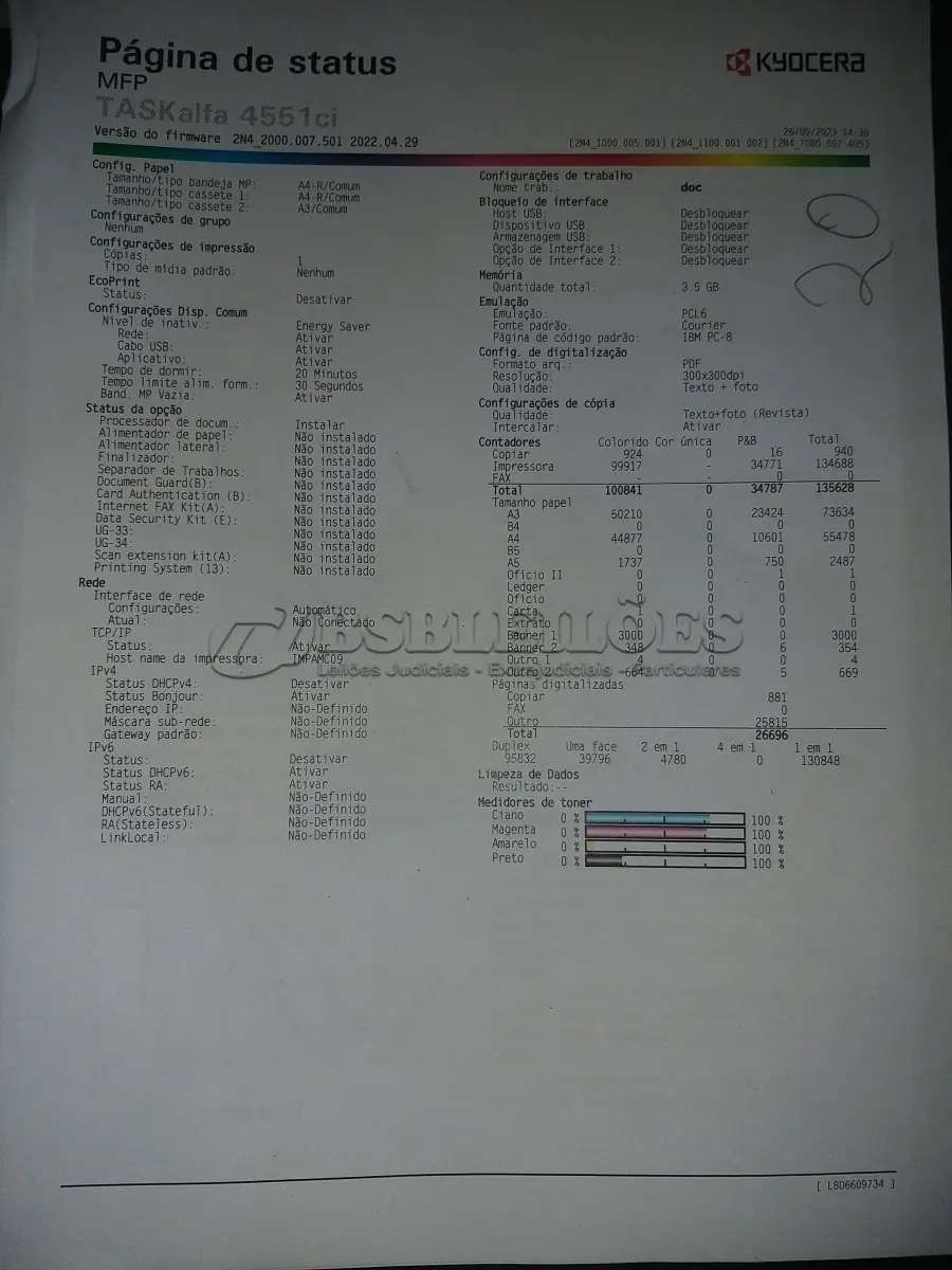 LOTE 020 - 02 MULTIFUNCIONAL COLOR LASER_KYOCERA TASKALFA 4551CI + GRAMPEADOR 50 FLS + GABINETE COM RODASRODAS (NO ESTADO)
