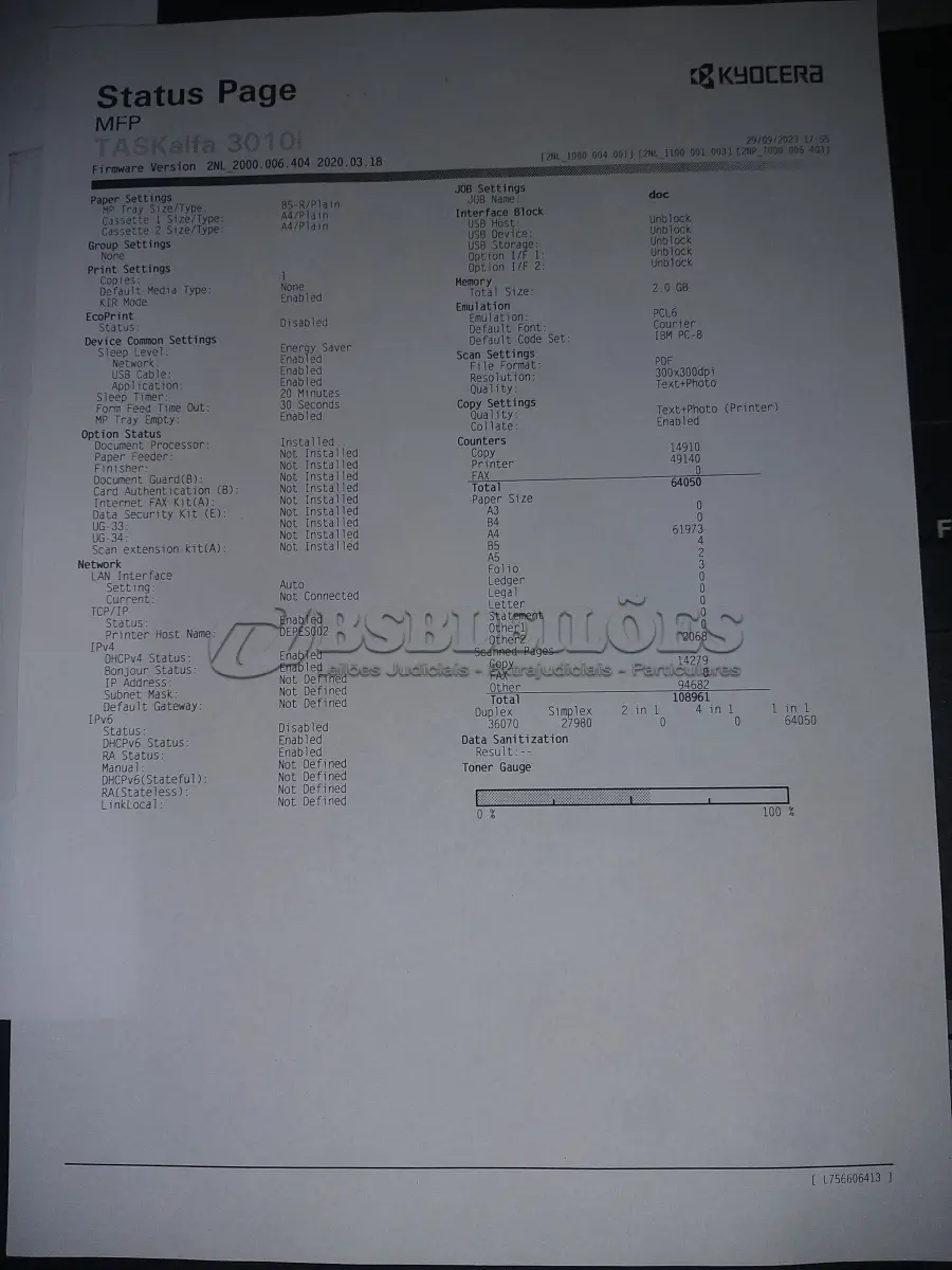 LOTE 017 - 03 MULTIFUNCIONAL MONO LASER_KYOCERA TASKALFA 3010I + GRAMPEADOR 50 FLS + GABINETE COM RODAS (NO ESTADO)