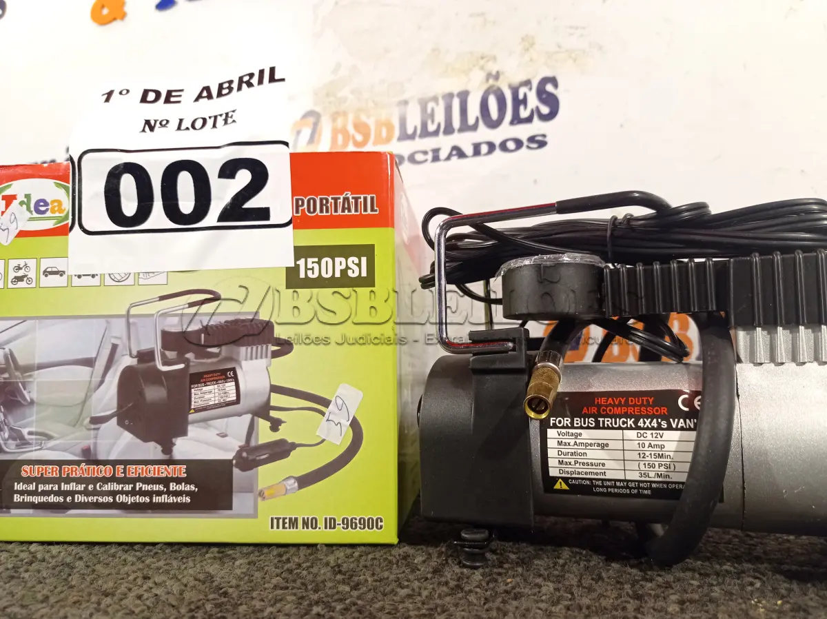 LOTE 002 - 01 COMPRESSOR DE AR PORTÁTIL 12V 150PSI. (NO ESTADO) ATENÇÃO! FAZER A VISITAÇÃO ANTES DE ARREMATAR, NÃO SABEMOS SE FUNCIONA. LEILÃO NÃO TEM GARANTIA E NEM DEVOLUÇÃO, SUJEITO A POSSÍVEIS AVARIAS VISÍVEIS/OCULTAS E/OU AUSÊNCIA DE COMPONENTES.