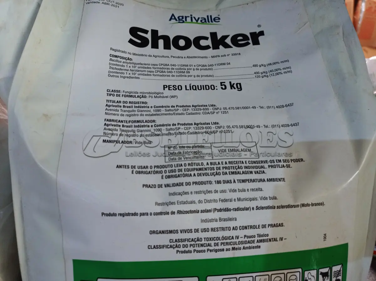 LOTE 132 - 15KG DE FUNGICIDA MICROBIOLÓGICO AGRIVALLE SHOCKER. (NO ESTADO) ATENÇÃO! FAZER A VISITAÇÃO ANTES DE ARREMATAR, NÃO SABEMOS SE FUNCIONA. LEILÃO NÃO TEM GARANTIA E NEM DEVOLUÇÃO, SUJEITO A POSSÍVEIS AVARIAS VISÍVEIS/OCULTAS E/OU AUSÊNCIA DE COMPONENTES.