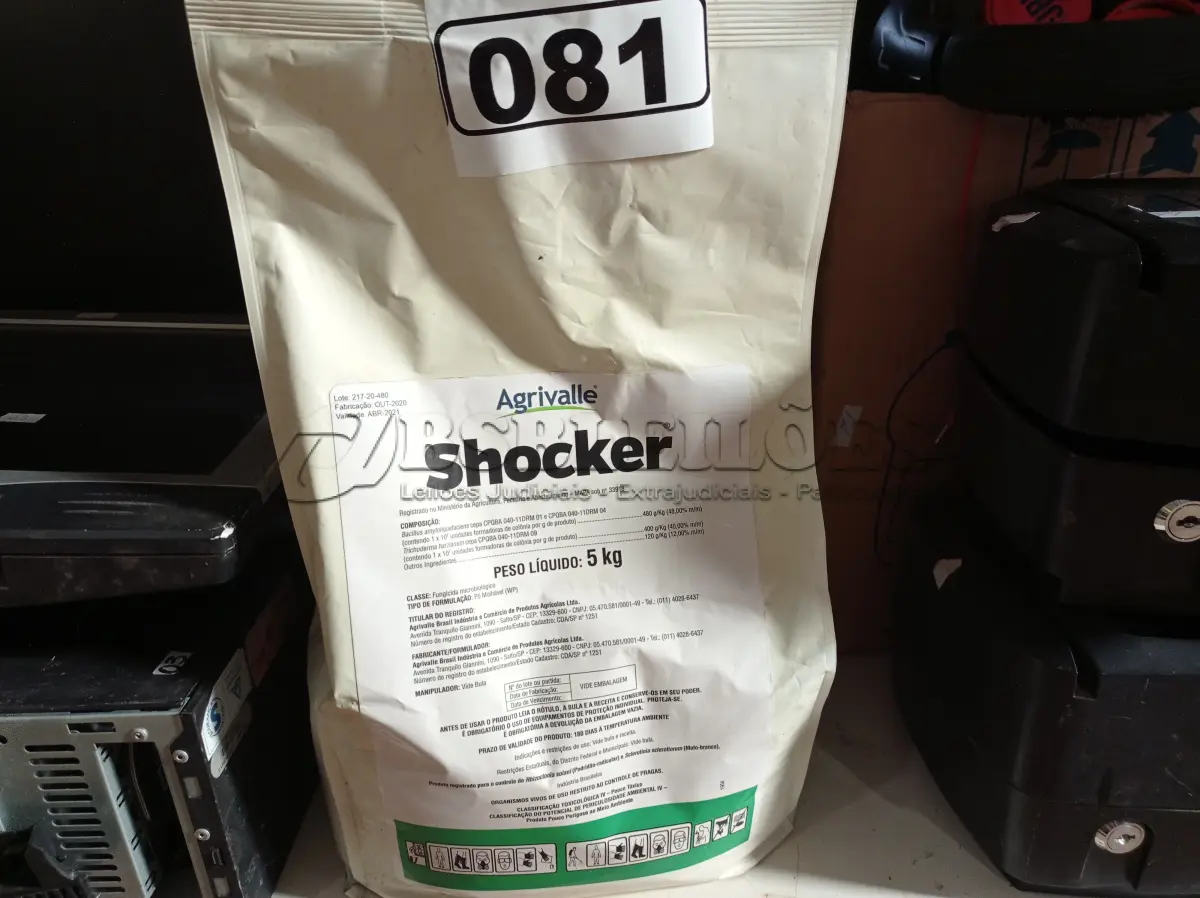 LOTE 081 - 15KG DE FUNGICIDA MICROBIOLÓGICO AGRIVALLE SHOCKER. (NO ESTADO) ATENÇÃO! FAZER A VISITAÇÃO ANTES DE ARREMATAR, NÃO SABEMOS SE FUNCIONA. LEILÃO NÃO TEM GARANTIA E NEM DEVOLUÇÃO, SUJEITO A POSSÍVEIS AVARIAS VISÍVEIS/OCULTAS E/OU AUSÊNCIA DE COMPONENTES.