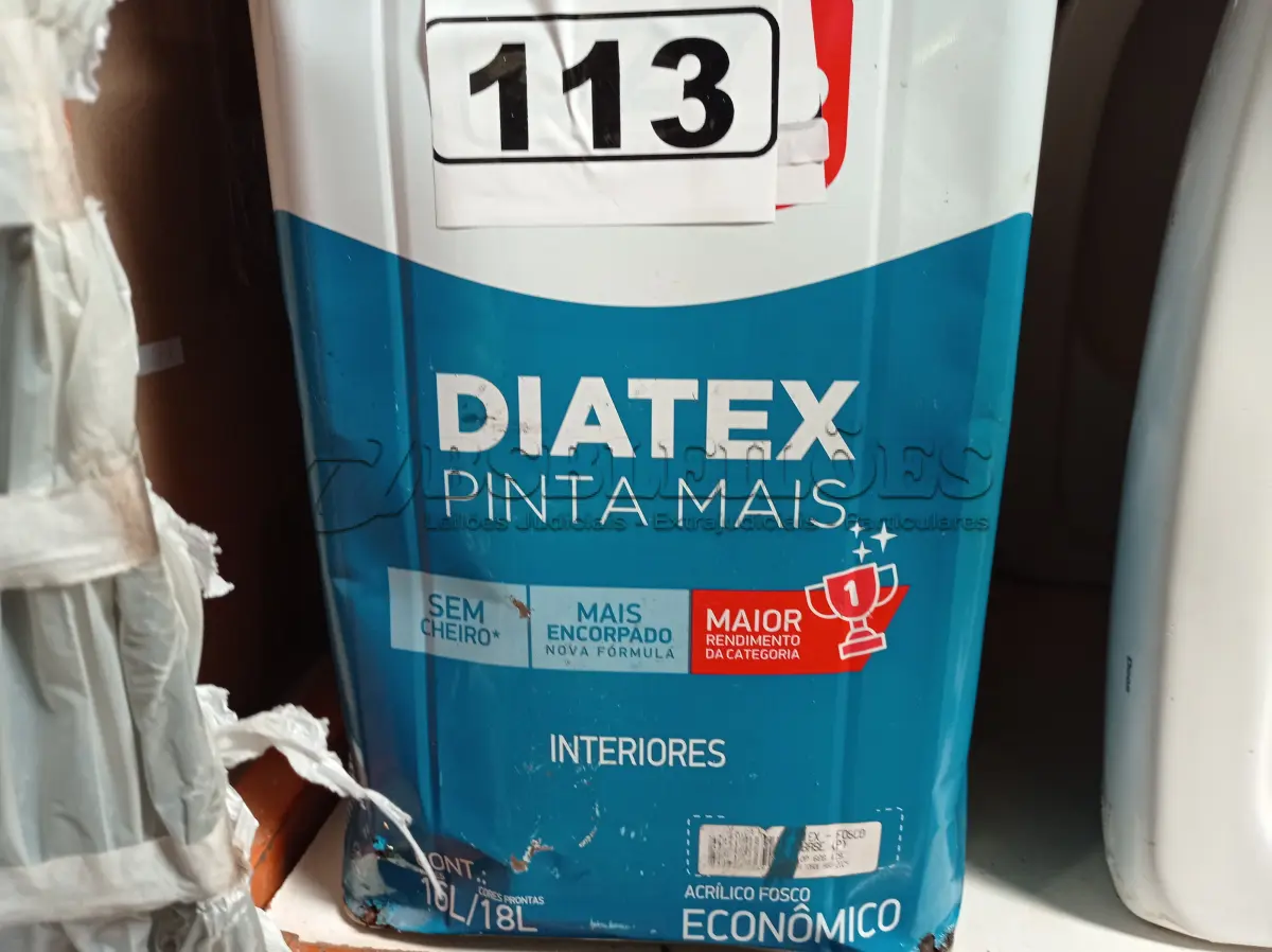 LOTE 113 - 01 LATA DE TINTA IQUINE DIATEX PINTA MAIS 18L FOSCO BASE “P”. (NO ESTADO) ATENÇÃO! FAZER A VISITAÇÃO ANTES DE ARREMATAR, NÃO SABEMOS SE FUNCIONA. LEILÃO NÃO TEM GARANTIA E NEM DEVOLUÇÃO, SUJEITO A POSSÍVEIS AVARIAS VISÍVEIS/OCULTAS E/OU AUSÊNCIA DE COMPONENTES.