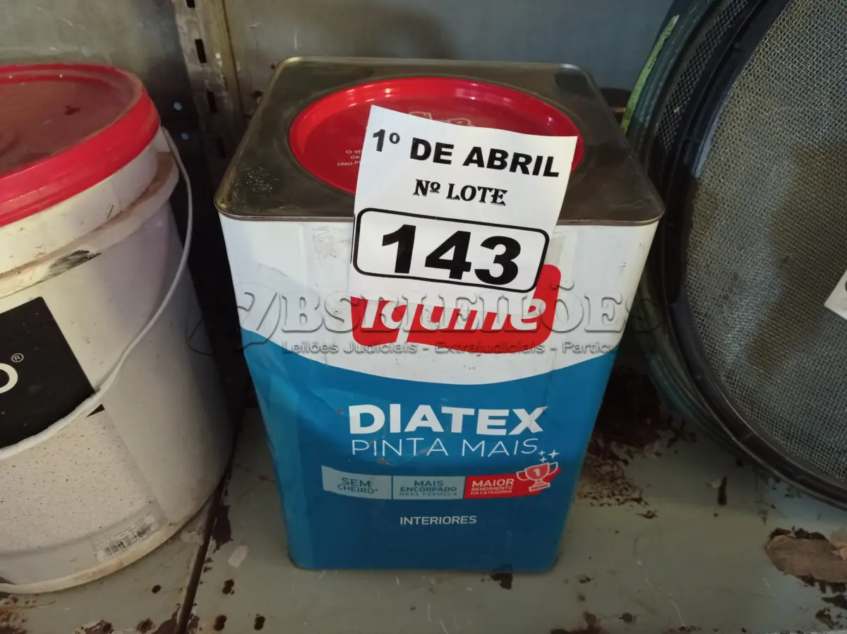 LOTE 143 - 01 LATA DE TINTA IQUINE DIATEX PINTA MAIS FOSCO AVELUDADO 18L NA COR MARACUJÁ. (NO ESTADO) ATENÇÃO! FAZER A VISITAÇÃO ANTES DE ARREMATAR, NÃO SABEMOS SE FUNCIONA. LEILÃO NÃO TEM GARANTIA E NEM DEVOLUÇÃO, SUJEITO A POSSÍVEIS AVARIAS VISÍVEIS/OCULTAS E/OU AUSÊNCIA DE COMPONENTES.