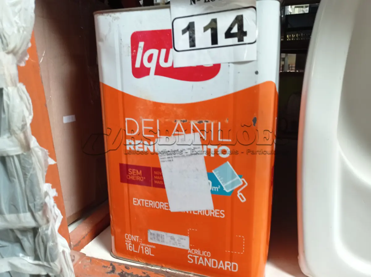 LOTE 114 - 01 LATA DE TINTA IQUINE DELANIL RENDE MUITO 18L FOSCO BASE “C”. (NO ESTADO) ATENÇÃO! FAZER A VISITAÇÃO ANTES DE ARREMATAR, NÃO SABEMOS SE FUNCIONA. LEILÃO NÃO TEM GARANTIA E NEM DEVOLUÇÃO, SUJEITO A POSSÍVEIS AVARIAS VISÍVEIS/OCULTAS E/OU AUSÊNCIA DE COMPONENTES.