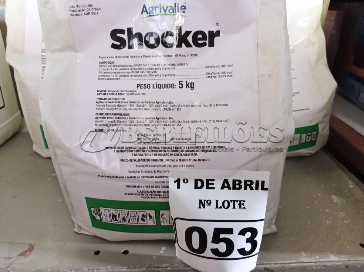 LOTE 053 - 15KG DE FUNGICIDA MICROBIOLÓGICO AGRIVALLE SHOCKER. (NO ESTADO) ATENÇÃO! FAZER A VISITAÇÃO ANTES DE ARREMATAR, NÃO SABEMOS SE FUNCIONA. LEILÃO NÃO TEM GARANTIA E NEM DEVOLUÇÃO, SUJEITO A POSSÍVEIS AVARIAS VISÍVEIS/OCULTAS E/OU AUSÊNCIA DE COMPONENTES.