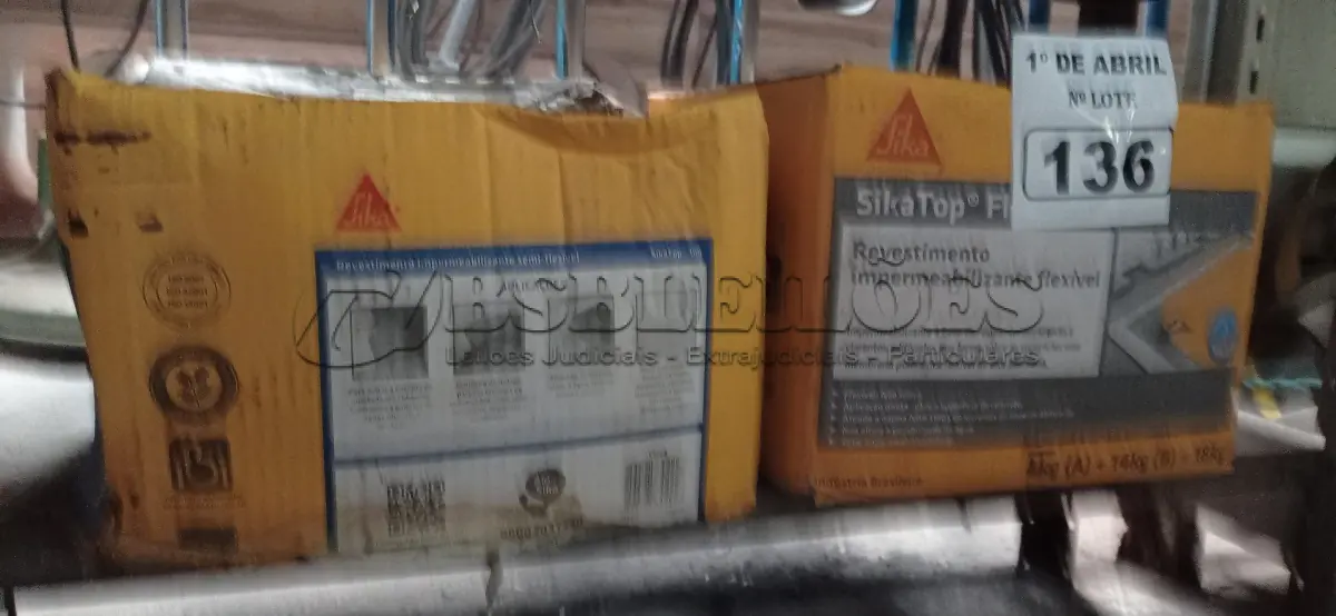 LOTE 136 - 02 CAIXAS DE SIKA TOP 100, REVESTIMENTO IMPERMEABILIZANTE SEMI-FLEXIVEL. (NO ESTADO) ATENÇÃO! FAZER A VISITAÇÃO ANTES DE ARREMATAR, NÃO SABEMOS SE FUNCIONA. LEILÃO NÃO TEM GARANTIA E NEM DEVOLUÇÃO, SUJEITO A POSSÍVEIS AVARIAS VISÍVEIS/OCULTAS E/OU AUSÊNCIA DE COMPONENTES.
