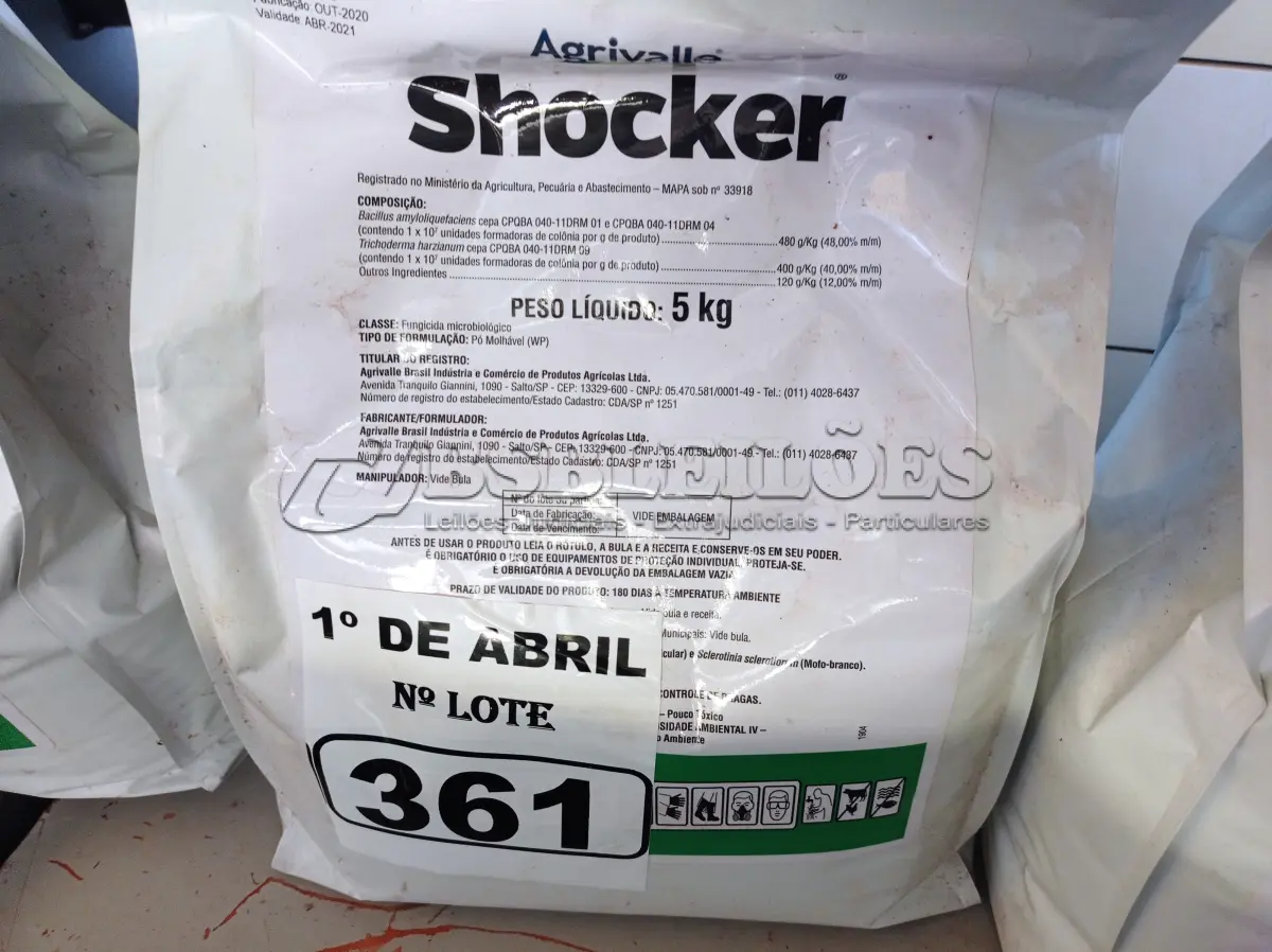 LOTE 361 - 15KG DE FUNGICIDA MICROBIOLÓGICO AGRIVALLE SHOCKER. (NO ESTADO) ATENÇÃO! FAZER A VISITAÇÃO ANTES DE ARREMATAR, NÃO SABEMOS SE FUNCIONA. LEILÃO NÃO TEM GARANTIA E NEM DEVOLUÇÃO, SUJEITO A POSSÍVEIS AVARIAS VISÍVEIS/OCULTAS E/OU AUSÊNCIA DE COMPONENTES.